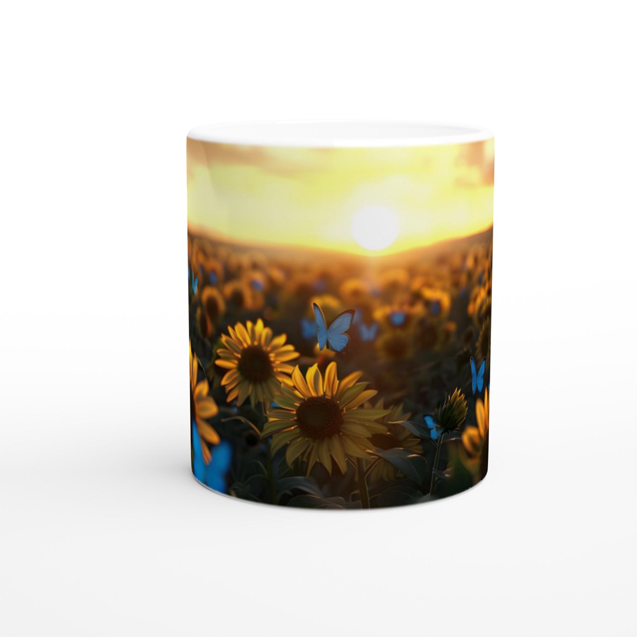 Solrosfält vid solnedgången 11oz Keramisk Mugg – Drömmer om ljusblå fjärilar 8 fa28741c-0daa-45e7-808a-853fa819edab