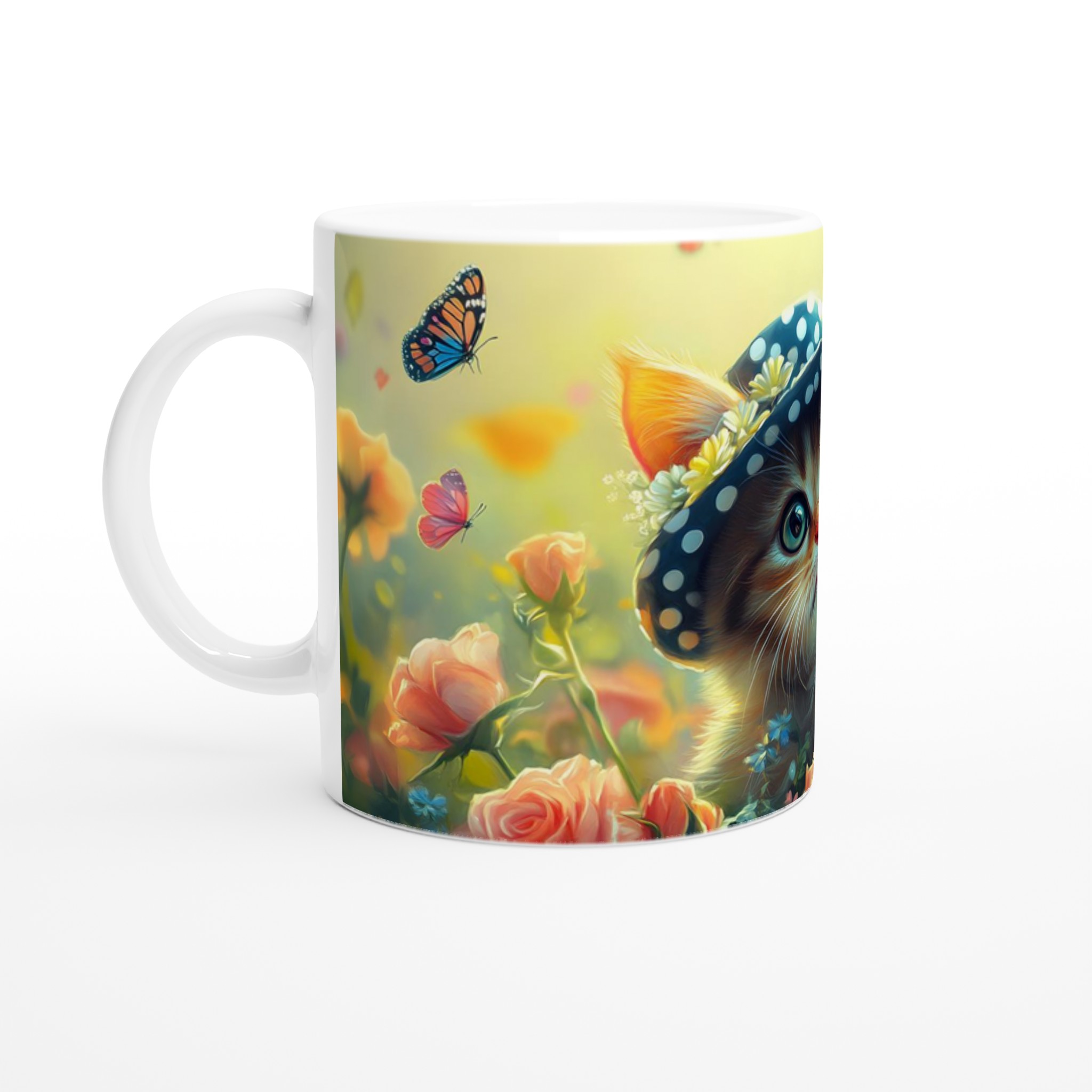 Söt kattunge i hatt & blommor 11oz Keramisk Mugg – Drömscen i Pastell – Välj din färg! 1 fb457a5e-48e3-44a5-abff-f729f997fee7