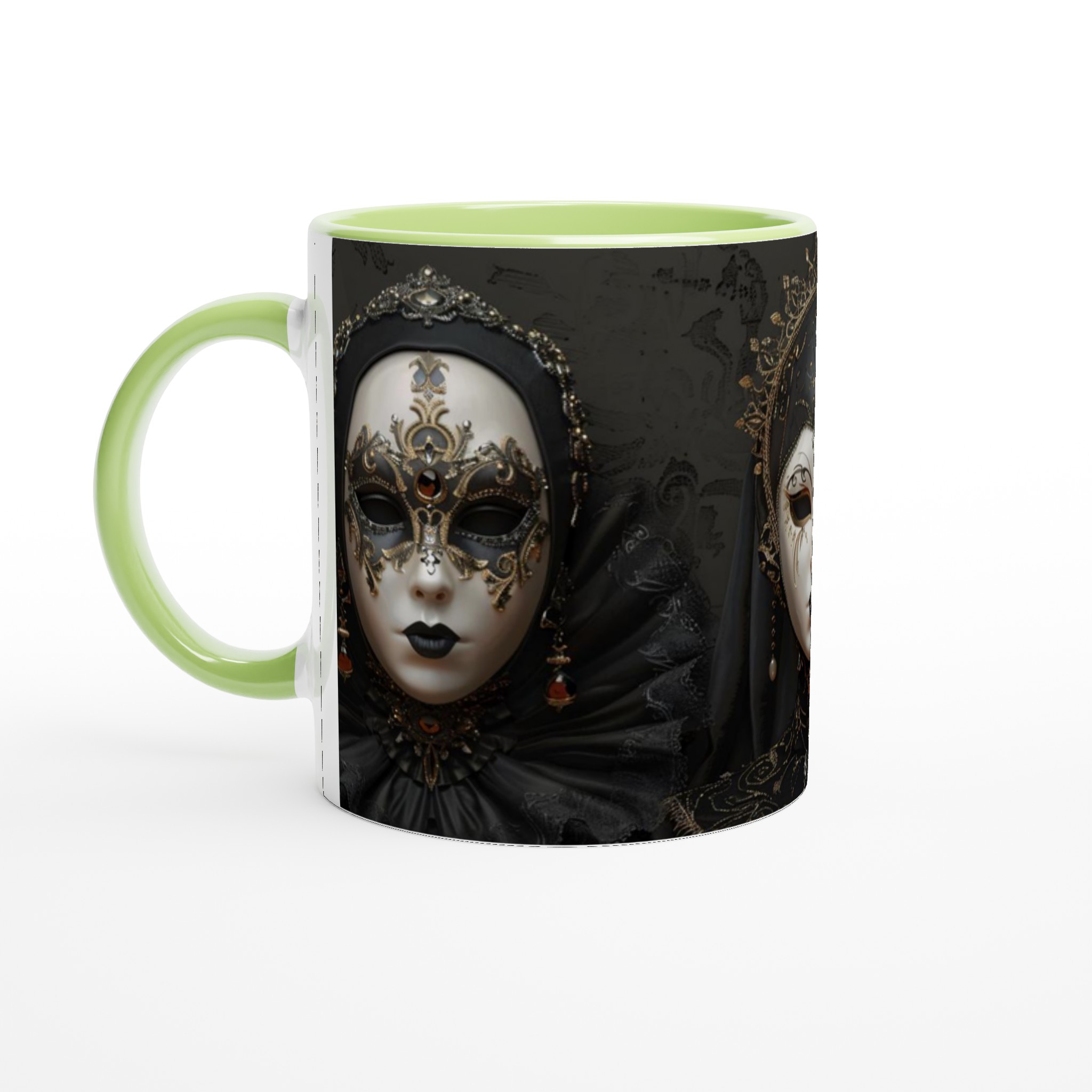 Vit 11oz keramisk mugg med dramatiskt venetianskt maskmotiv i elegant svart och guld 3 fbceabb8-27bf-43f5-b0de-8de6eed90172
