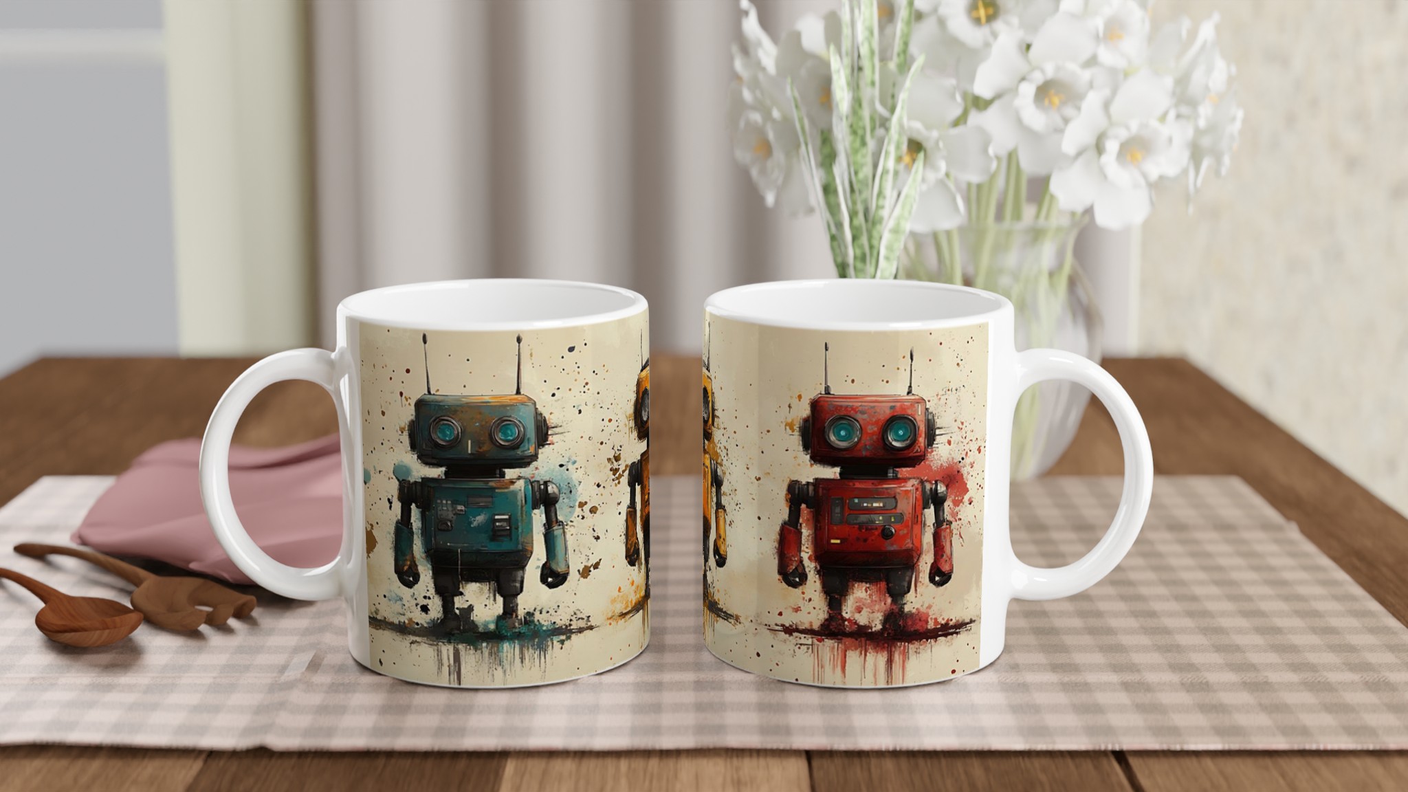 Retro Robot Art Mugg – Kreativ Splash Design Keramikmugg i 7 Färgval 10 fc71384d-8c6c-47fd-b1ed-cebeaaee4604