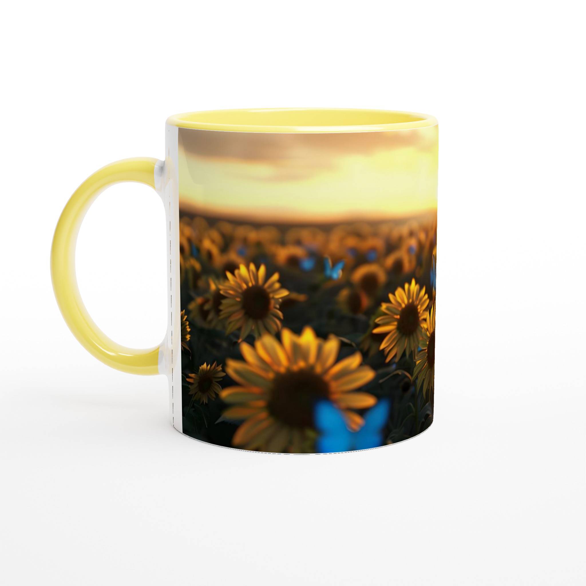 Solrosfält vid solnedgången 11oz Keramisk Mugg – Drömmer om ljusblå fjärilar 5 fd52fd1d-a900-4c09-aaf0-cd2584ced794