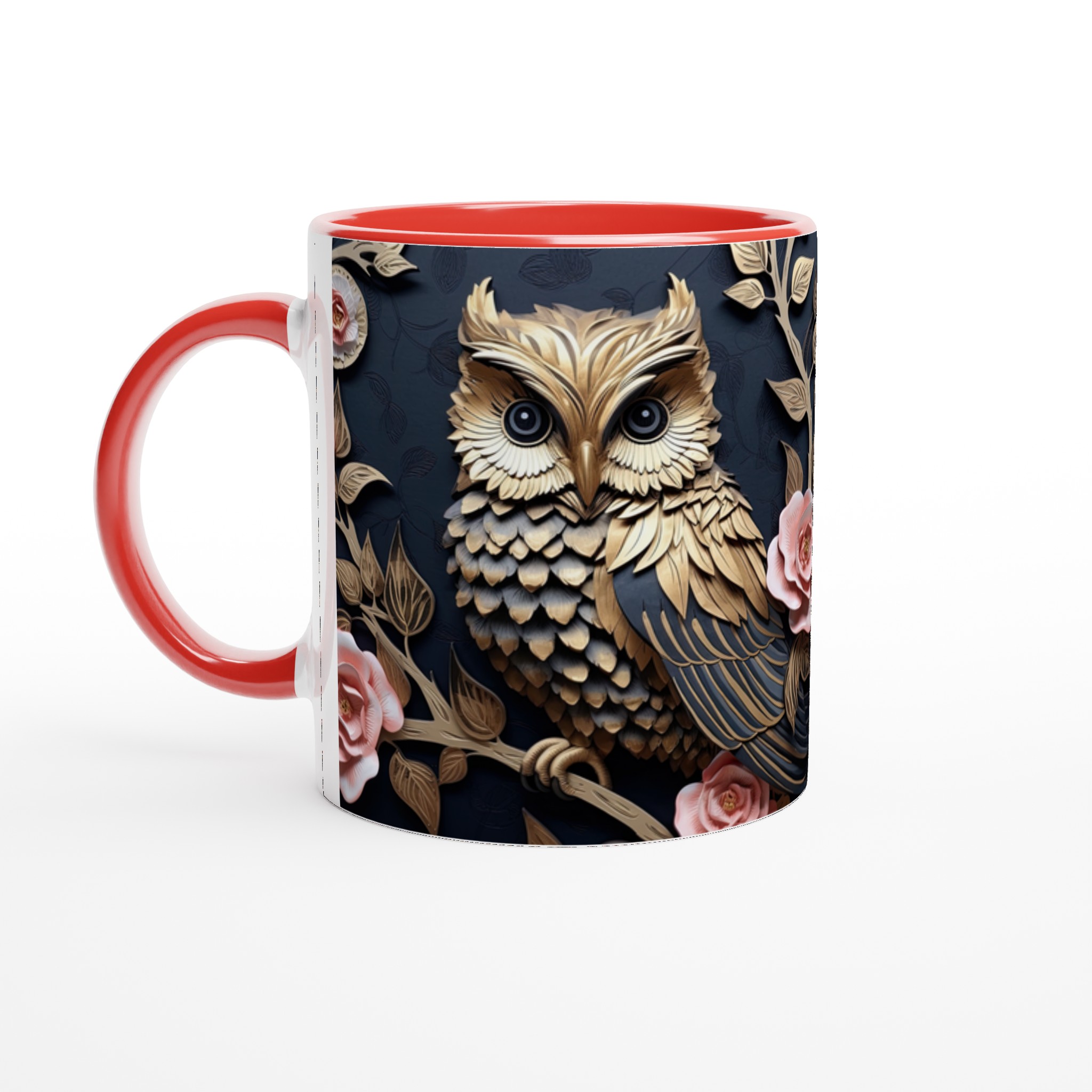 Vit 11oz keramisk mugg med elegant ugglemotiv och rosa blomsterdetaljer – välj din färg 2 fe62a911-65d7-483b-a26b-b470fd70e780