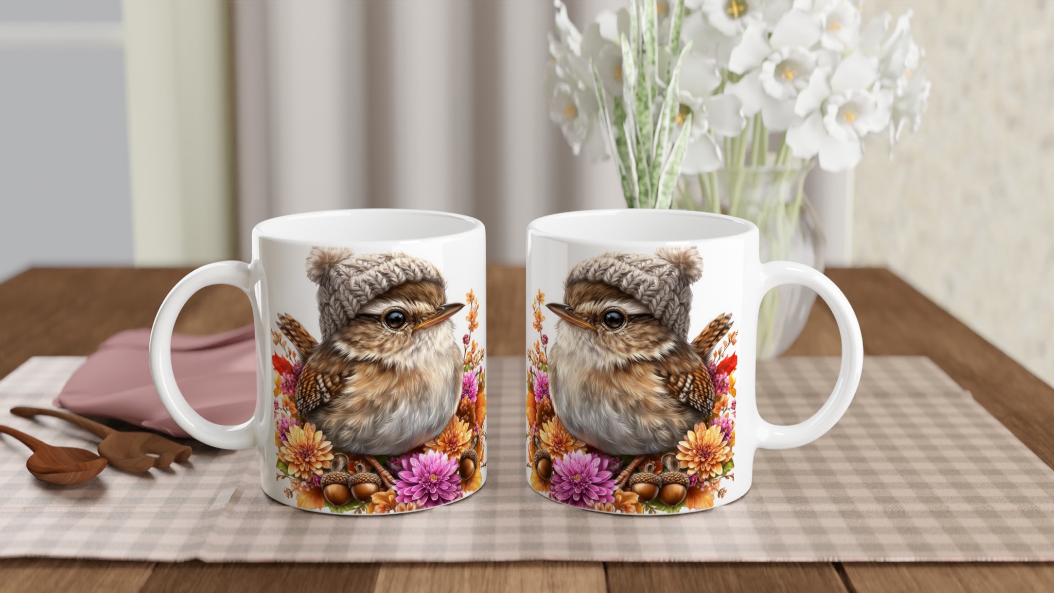 Vit 11oz keramisk mugg med höstinspirerat fågelmotiv i väljbar keramikfärg 10 0036c998-f032-4b15-89fc-212b7c6951da