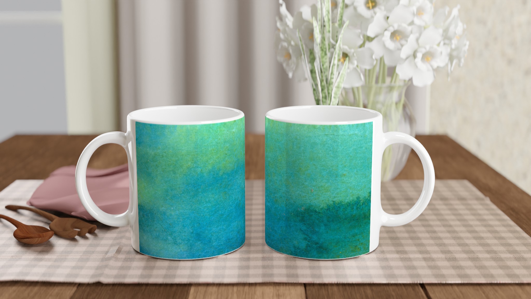 Vit 11oz keramisk mugg med levande blå och gröna akvarelltoner – välj din favoritfärg 10 00483766-b9a1-466e-bf04-90598cb56921