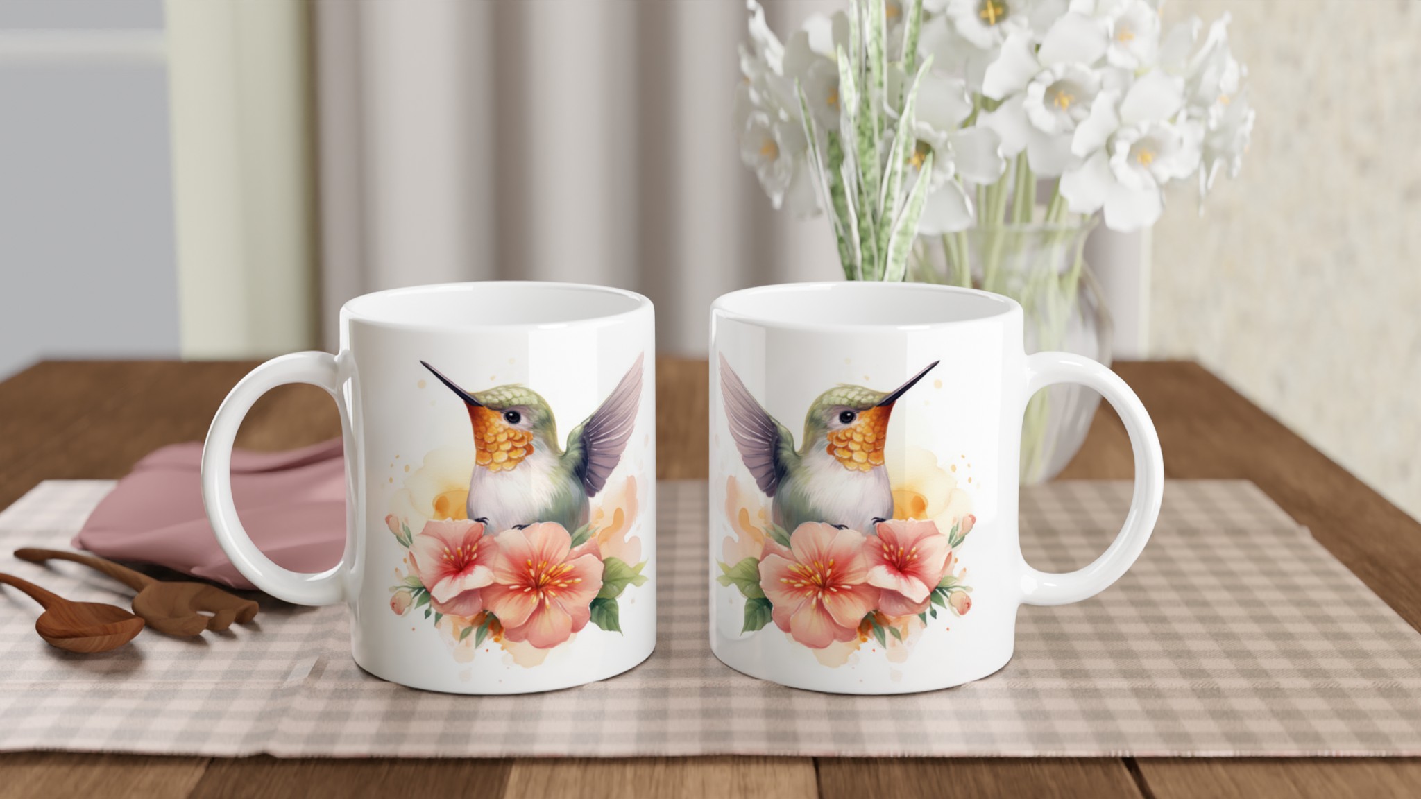 Vit 11oz keramisk mugg med blomstrande kolibri i mjuka pastellfärger – välj din favoritfärg 10 00804056-5fe7-46bf-9a43-5e3605f8fe23