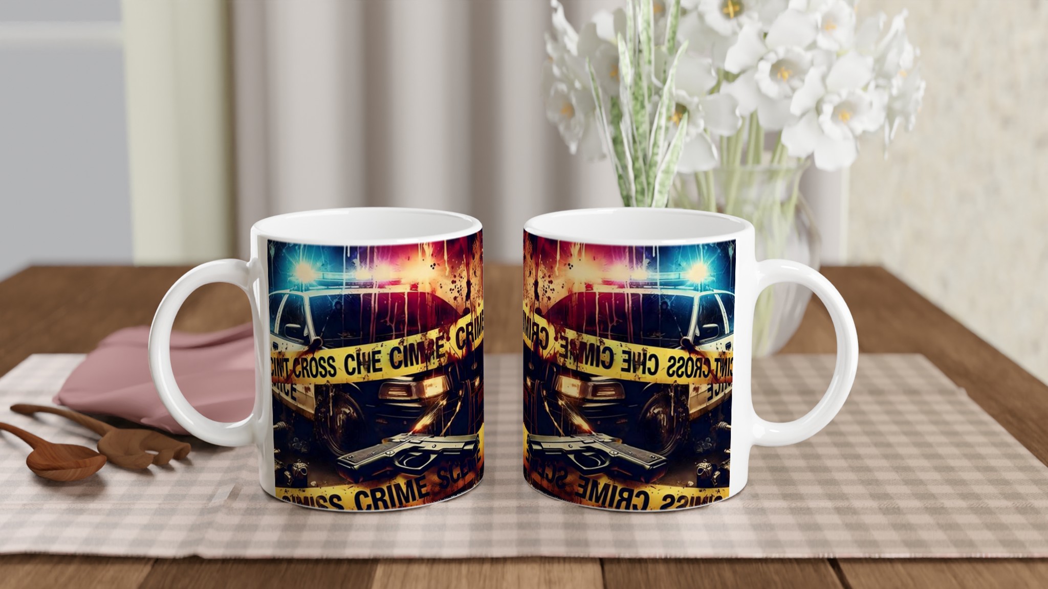 Vit 11oz keramisk mugg med dramatiskt krimtema i livfulla färger 10 0083ccd0-9c1f-4020-9c0a-315890fd18dd