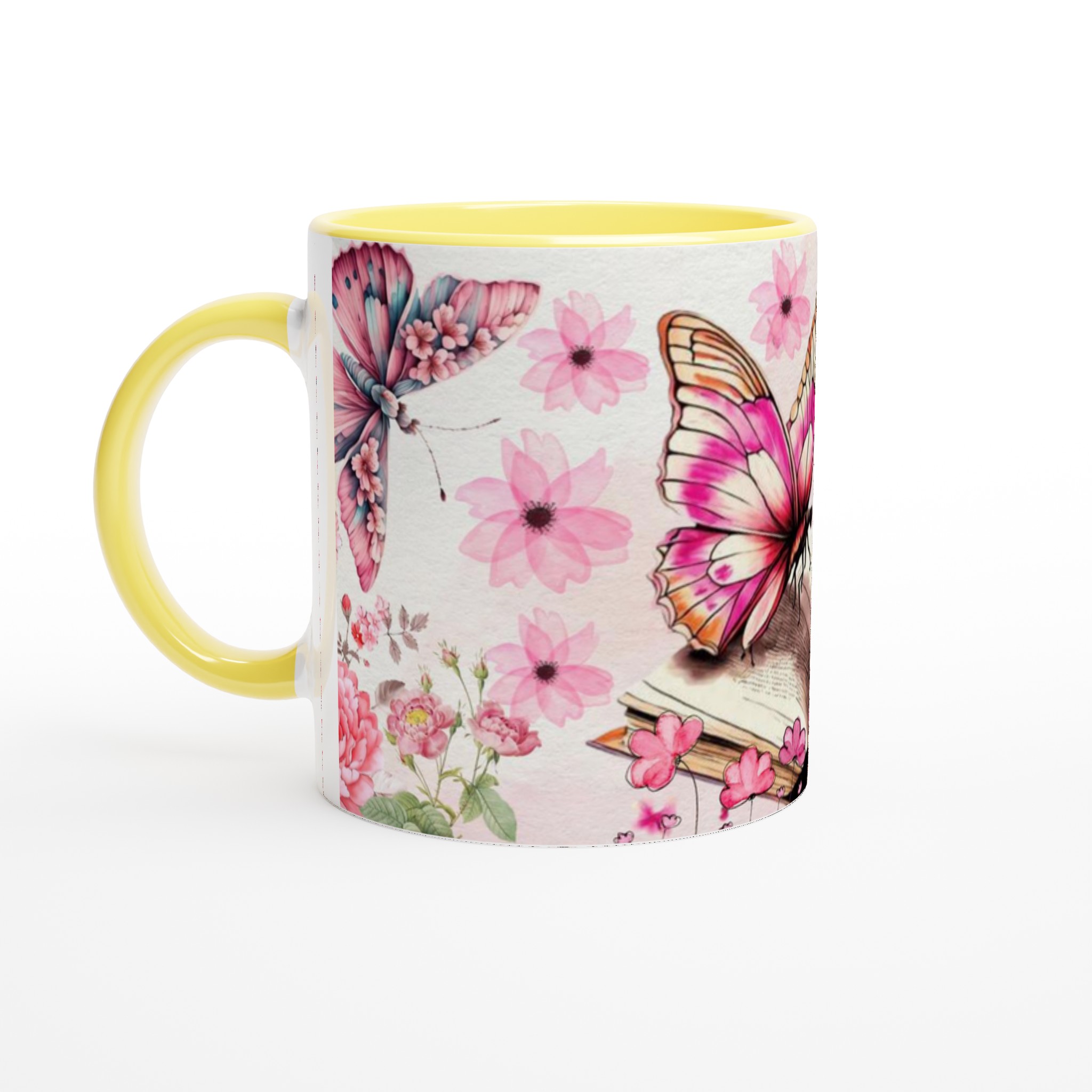 Vit 11oz keramisk mugg med blomstrande fjärilsmotiv – välj bland flera färgstarka keramiska nyanser 3 00debee5-cd1c-4606-b31f-c708300aa4ac