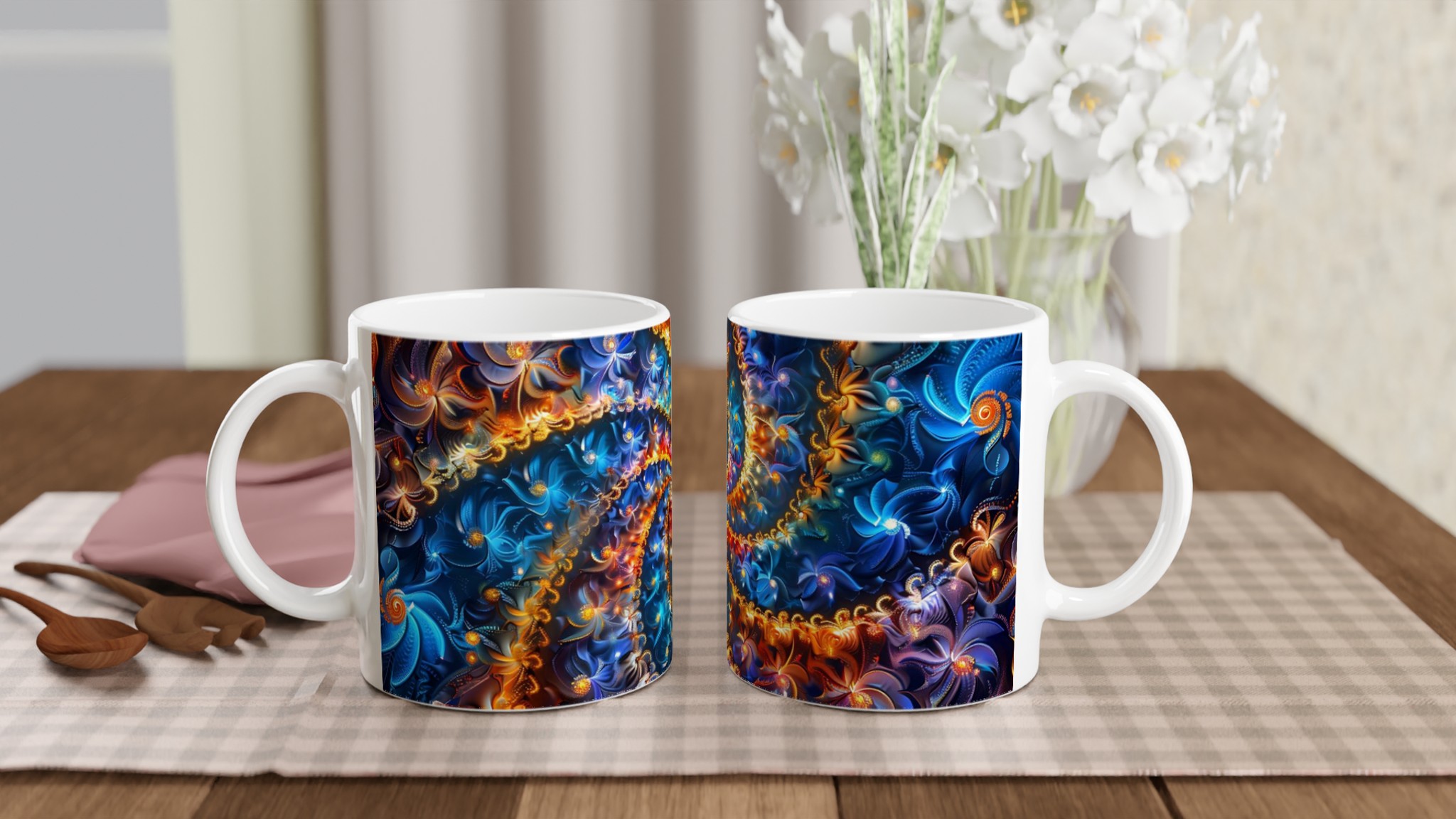 Kosmisk Spiral Mugg – Abstrakt Mönster i Blått och Orange, 11oz Keramik 10 01304ec8-fc11-43c9-8f4c-976132fef3e5