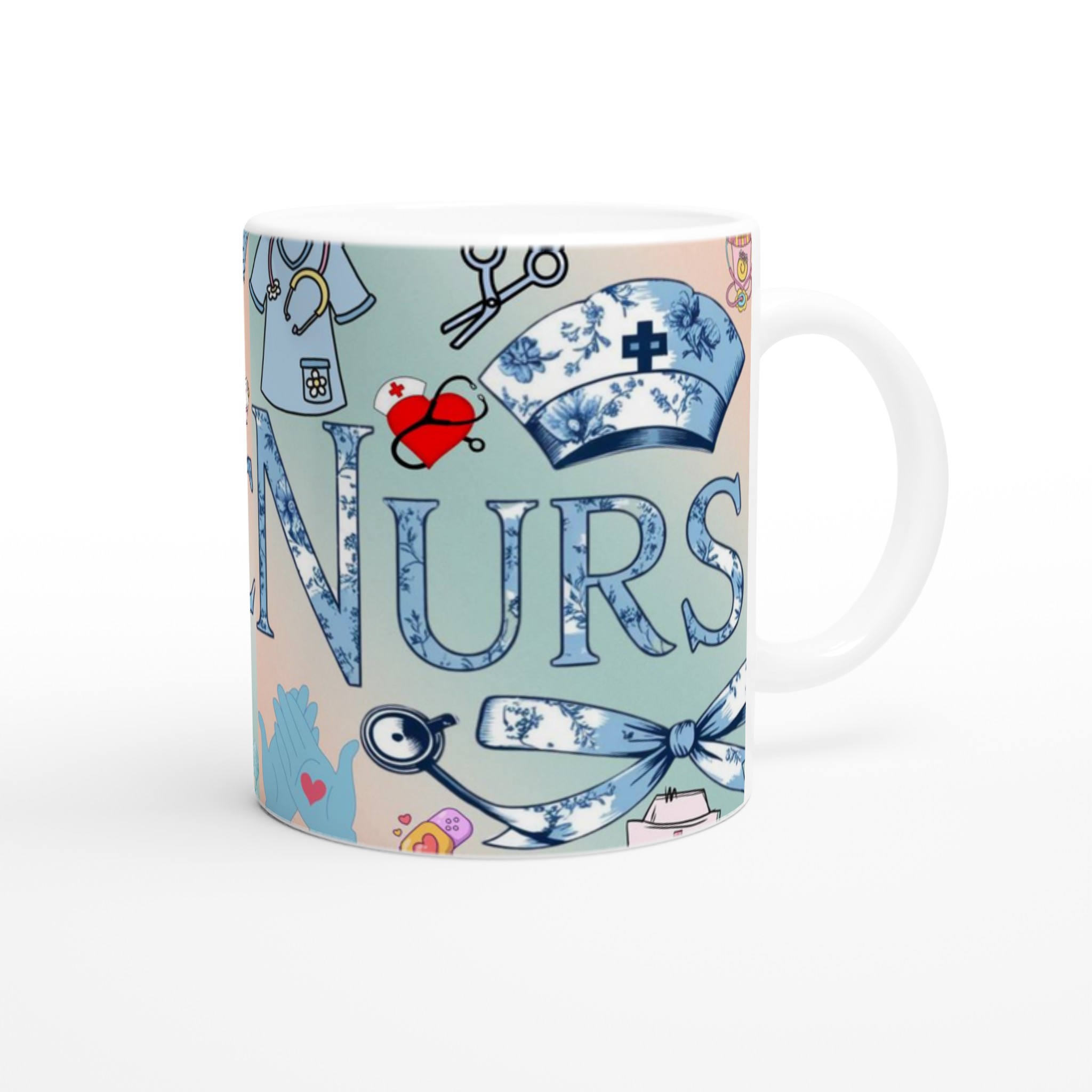 Vit 11oz keramisk mugg med vintage sjuksköterskedetaljer i mjuka blå nyanser 9 013205c2-cc8e-4e63-be3a-5bb9819d3f77