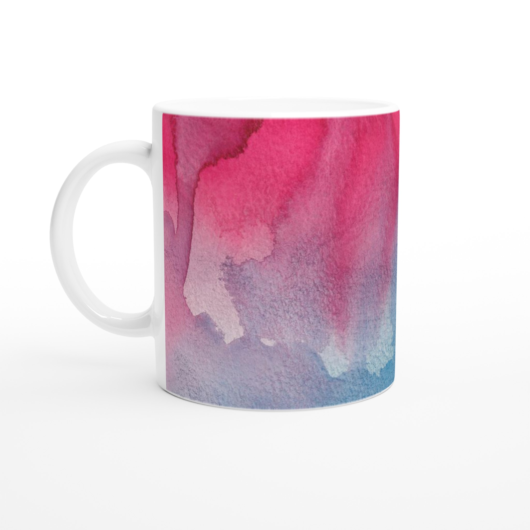 Vit 11oz keramisk mugg med färgstarkt akvarellmotiv i blått och rosarött 1 01347d9c-468d-47d3-967d-f59269408bad