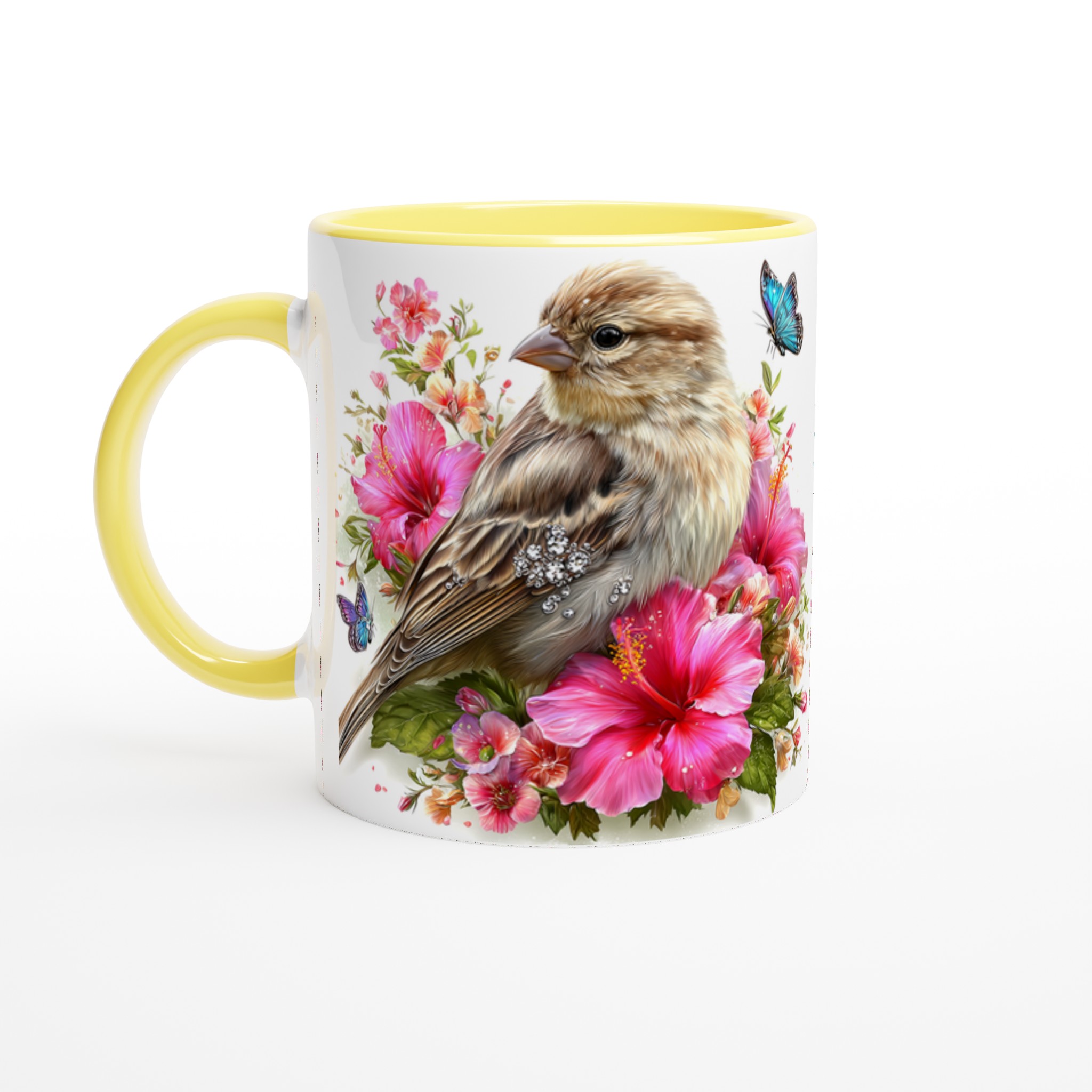 Vit 11oz keramisk mugg med naturinspirerat fågel- och blomstertryck i livfulla färger 3 01596925-f409-4f11-aa88-f01fcd9763e5