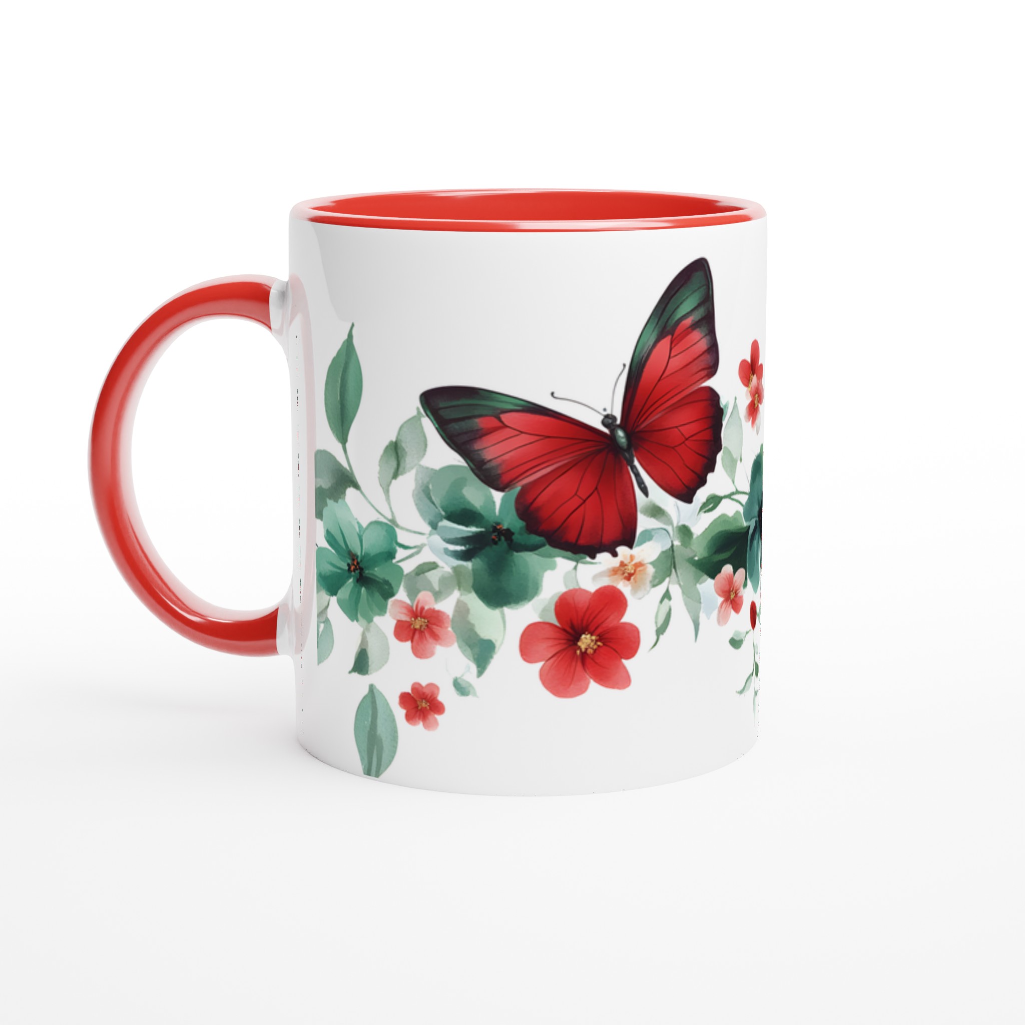 Fjärilsdröm 11oz Keramisk Mugg – Akvarellblommor & Röda Fjärilar i Valfri Färg 5 016f44bd-cbbb-40a8-8a1f-f2397180c764