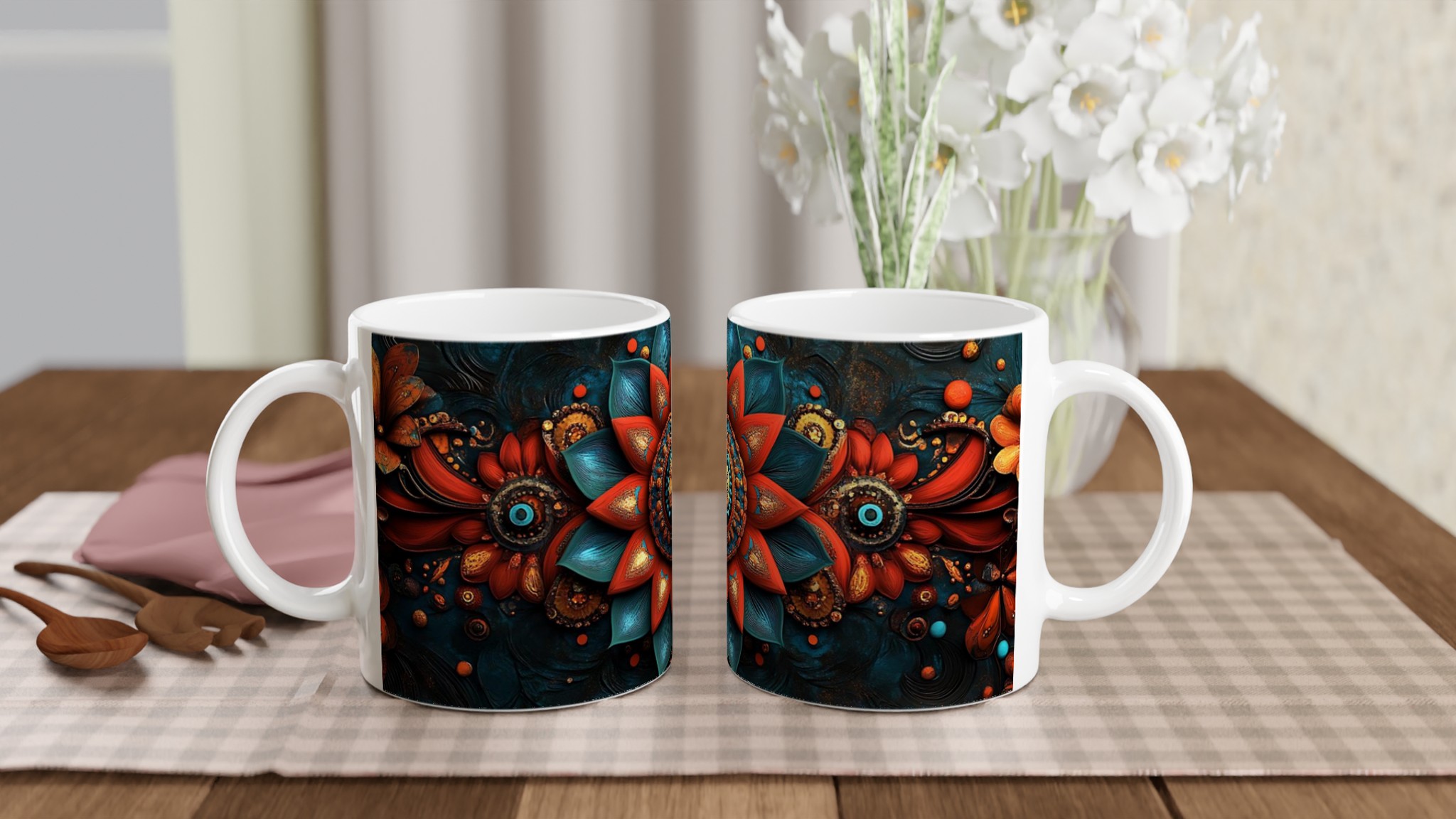 Abstrakt Mandala Keramikmugg - Livfulla Turkosa och Kopparröda Toner i 11 oz 10 01727ea1-b943-4d63-b039-d4655d79d287
