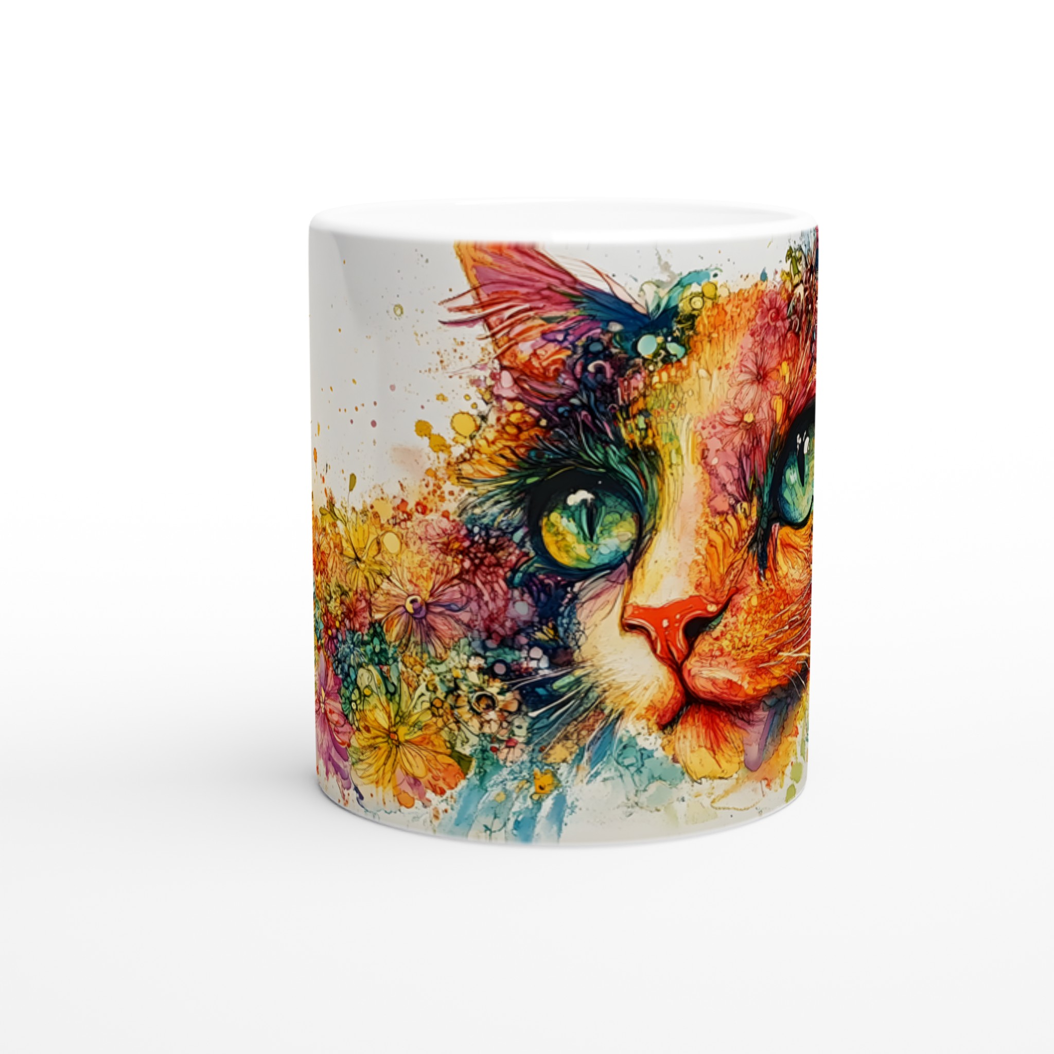Vit 11oz keramisk mugg med färgstarkt blomstrande kattmotiv – välj din färgstil 8 021e80bb-05bc-45e3-8394-f372becd6763