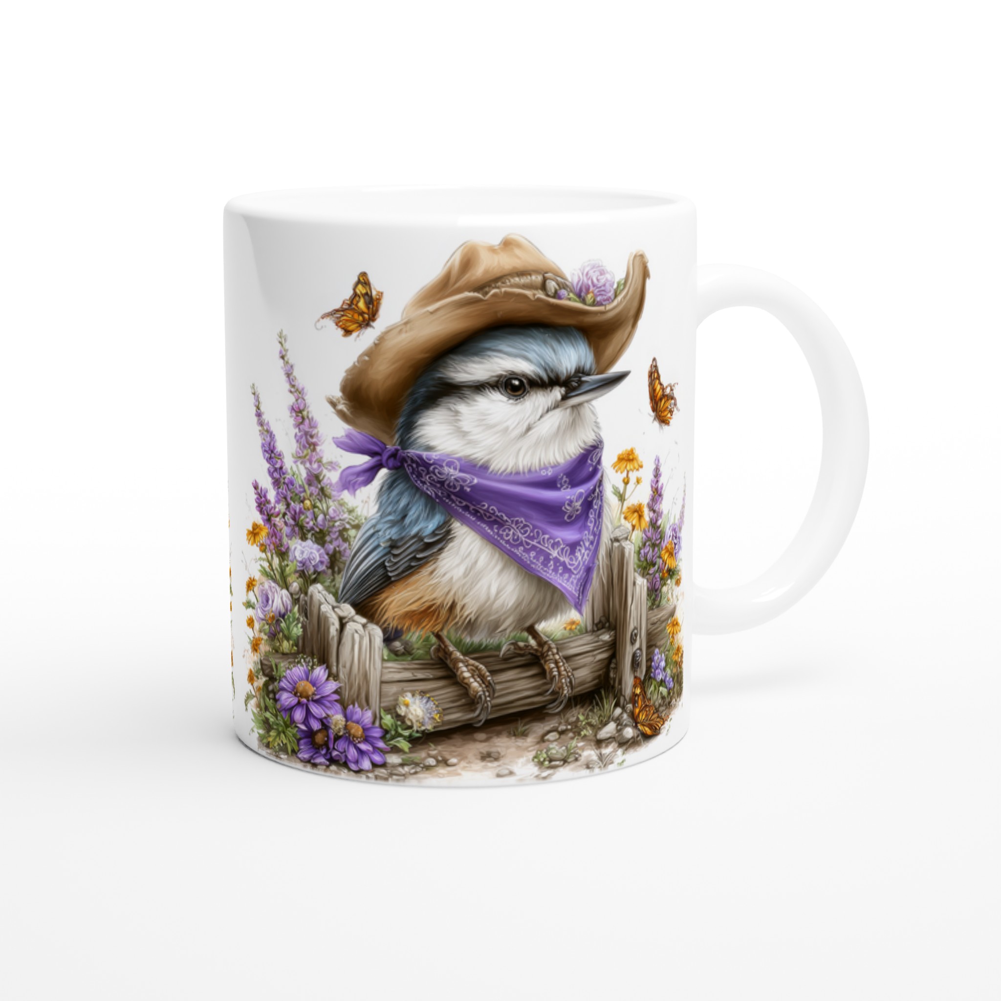 Vit 11oz keramisk mugg med charmig fågel i cowboyhatt – välj bland sju dekorativa färger 9 02922961-319f-4a55-b530-884612486ac7