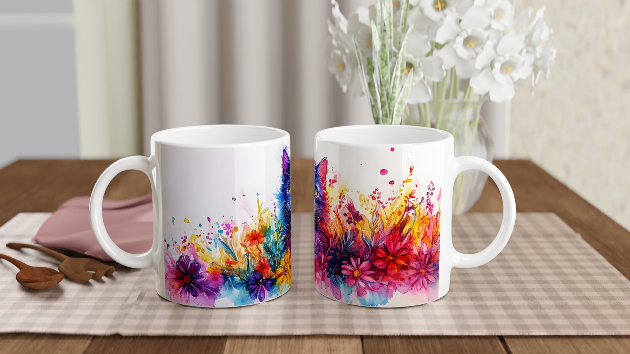 Färgsprakande Katt & Blommor Keramikmugg – 11oz Konstnärlig Kaffekopp för Katälskare 10 033fad7f-7bf6-458d-bd47-b2070811ead5