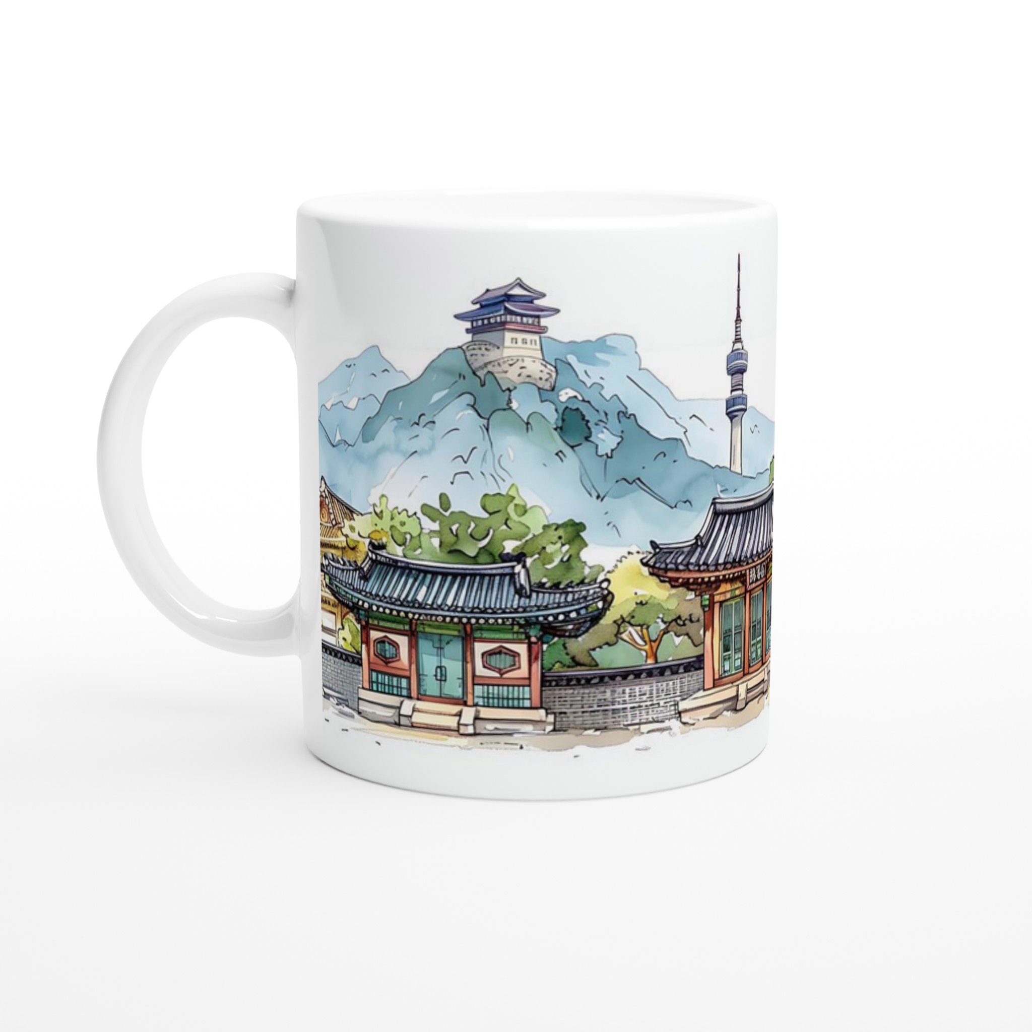 Seoul Skyline Akvarellmugg – Koreansk Arkitektur & Bergmotiv, 11oz Keramisk Mugg i Valfri Färg 1 04185528-6bfe-4166-805b-38c7050caa6d