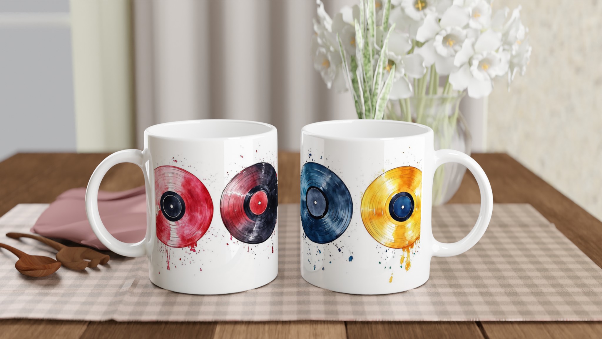 Vit 11oz keramisk mugg med färgstarka vinylskivor – välj bland sju livfulla nyanser 10 045b419a-27e8-4d35-816b-35e4cc9a2893
