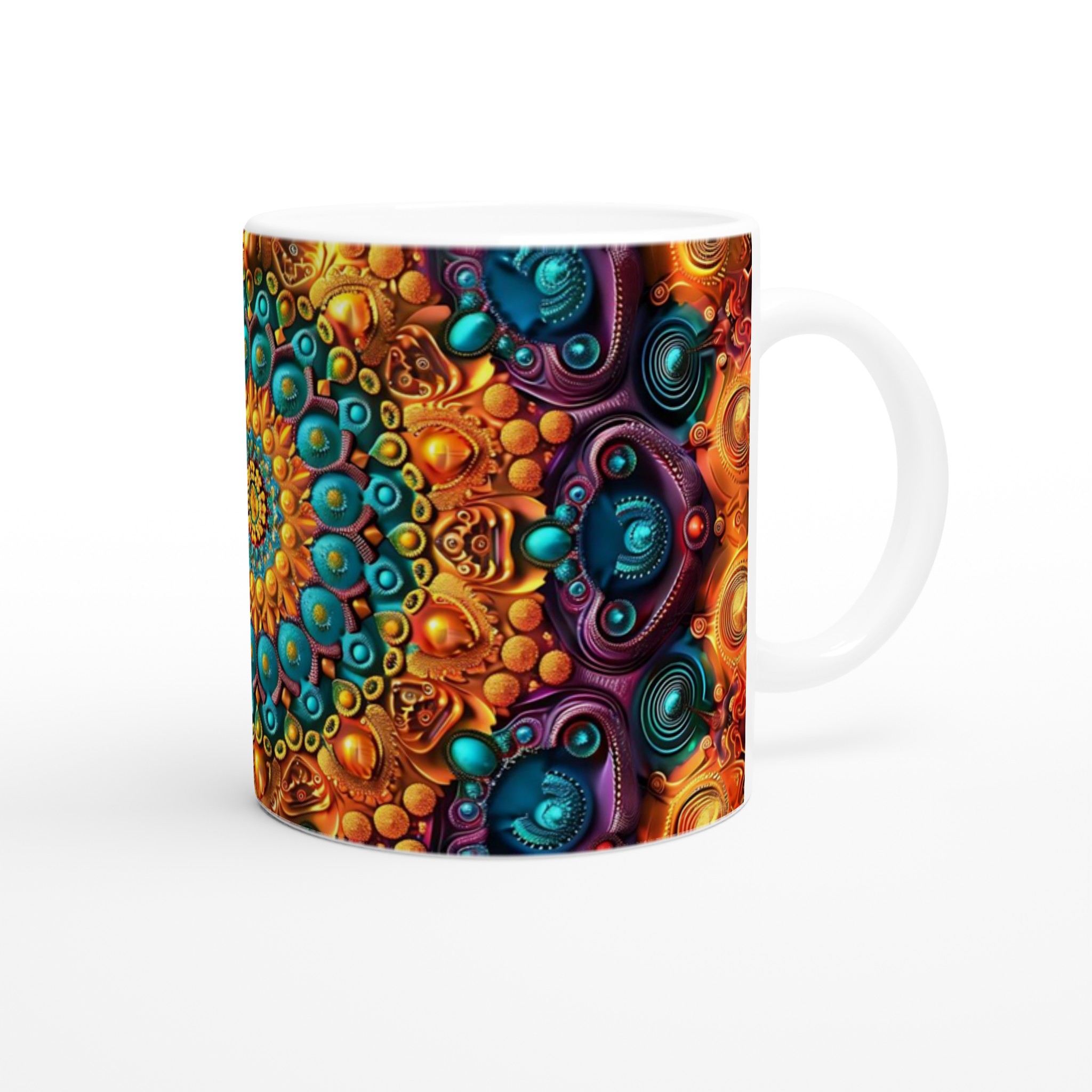 Mångfärgad Hypnotisk Mandala 11oz Keramisk Mugg – Geometrisk Konst i Strålande Guld & Turkos 9 0469e100-cee1-4575-83ef-e837e09a2931