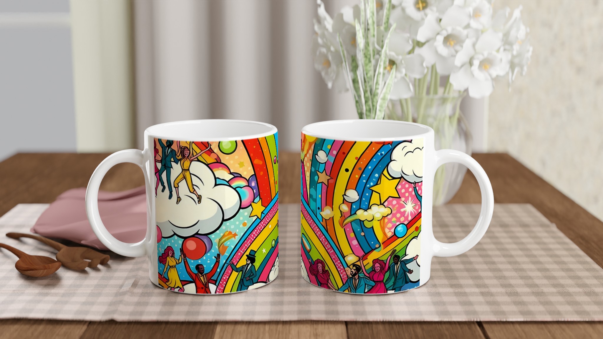 Vit 11oz keramisk mugg med färgstarkt festmotiv – välj mellan sju livfulla keramiska nyanser 10 04b5a15d-6c99-4432-b8ed-df7679c02411