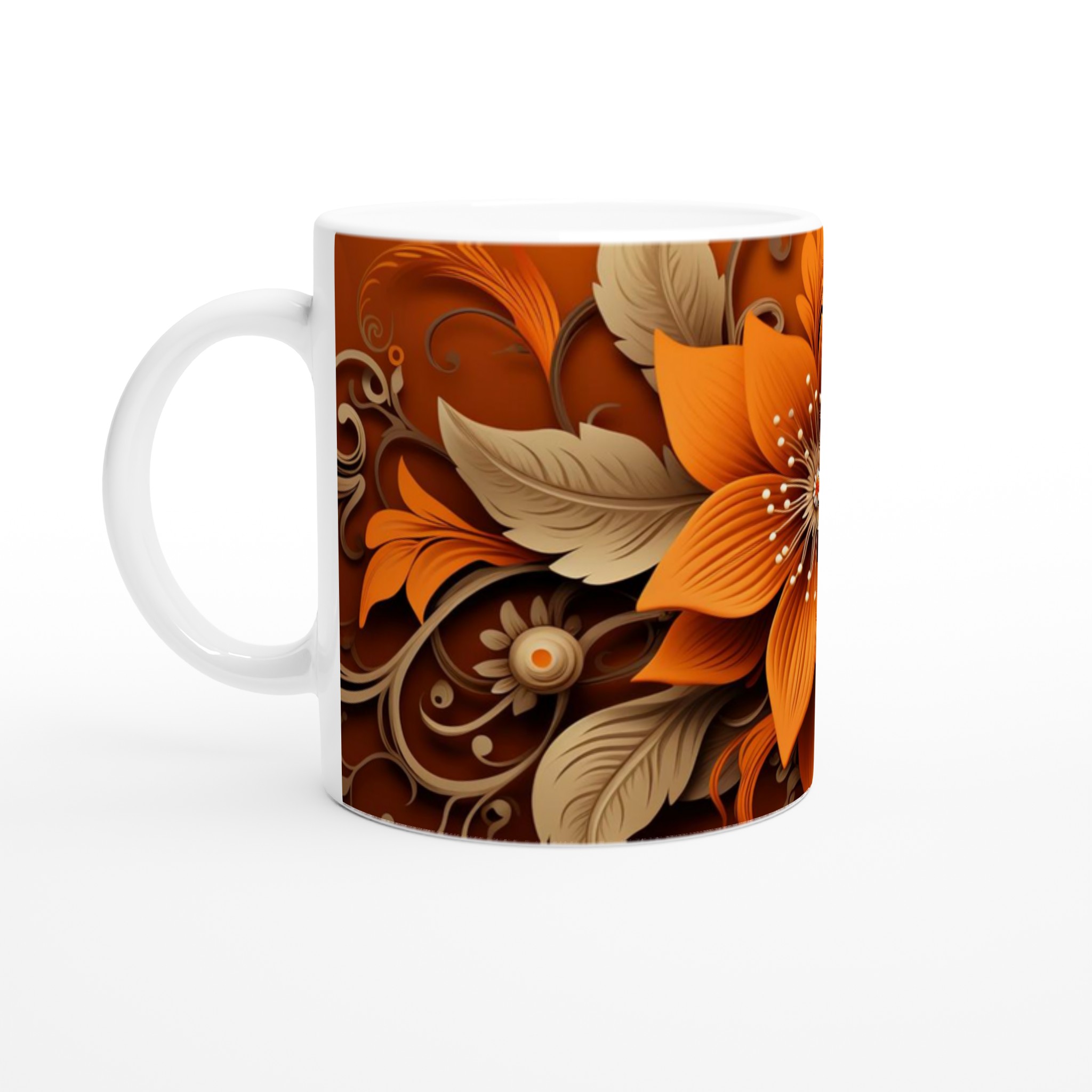 Vit 11oz keramisk mugg med sofistikerat blomstertryck i varm orange och beige 1 050c1c18-39d8-4e18-adbb-c472f05b6290