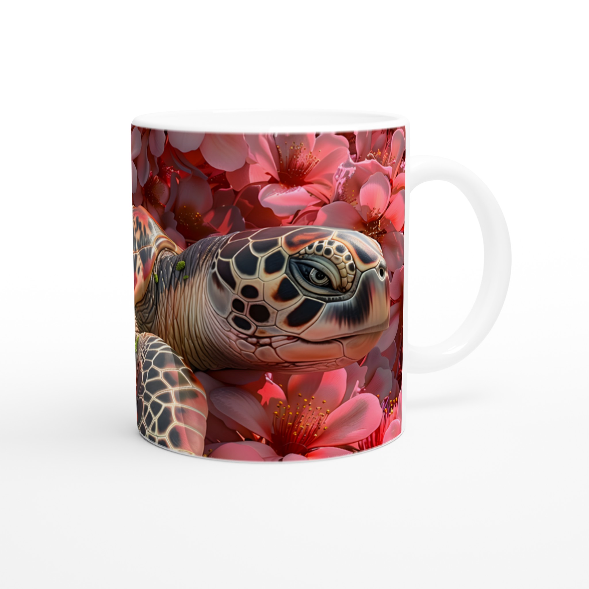 Förlora dig i våren: Sjösköldpadda bland körsbärsblommor - Vit 11oz keramisk mugg 9 054aeda5-fe59-41fe-adac-538bbdbb5924