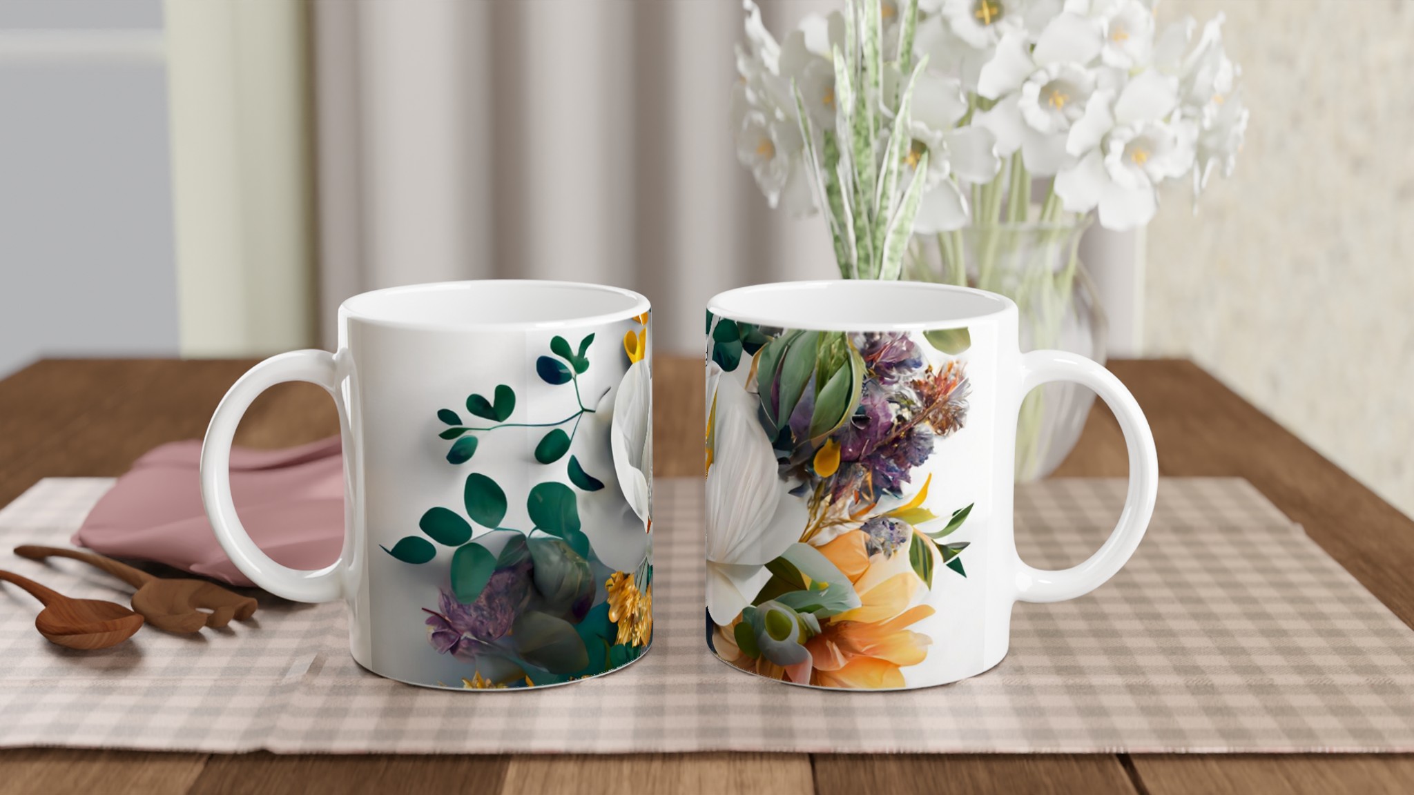 Vit 11oz keramisk mugg med elegant blommönster i sju färgstarka nyanser 10 05650668-0b08-4c46-b022-f7a3e3e43172