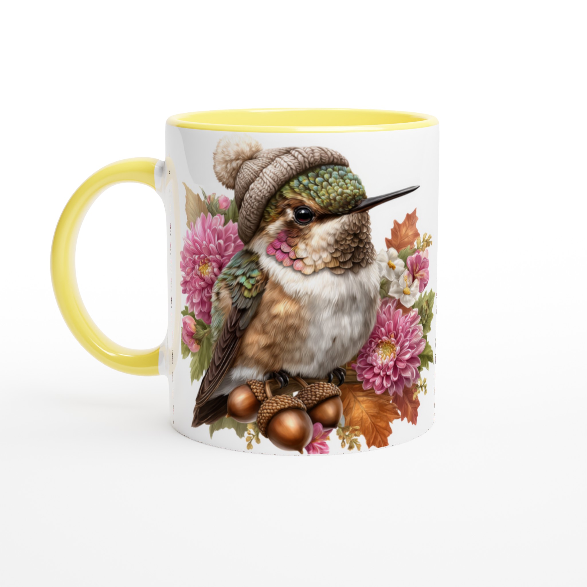 Vit 11oz keramisk mugg med färgstarkt kolibri- och blomsterdesign – välj bland sju livfulla färger 3 060f79f4-01be-41d6-8beb-8e5d3f036cf0