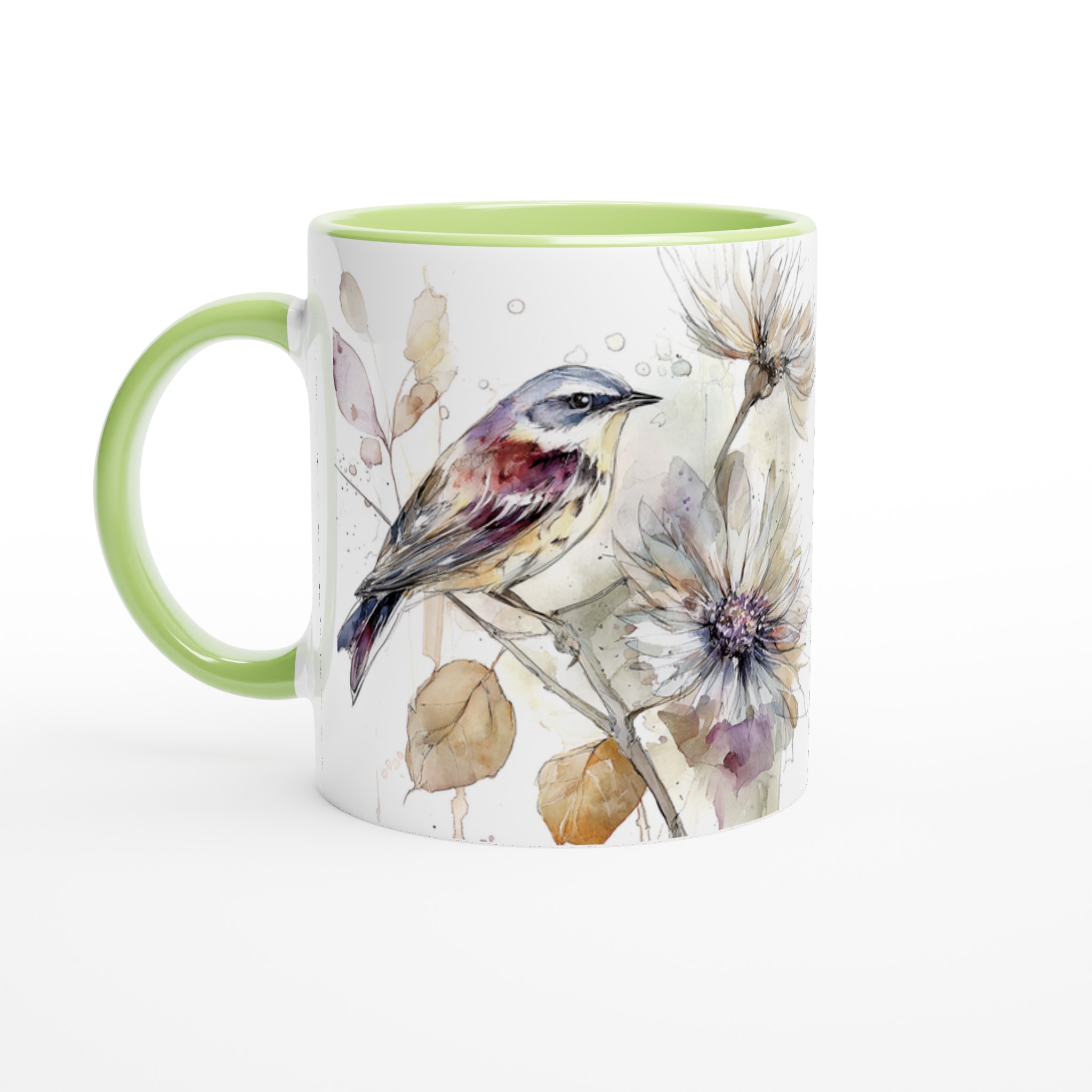 Vit 11oz keramisk mugg med elegant akvarellfågel och blommor – välj bland sju vackra färger 7 063c3ceb-afdf-4f95-b795-0528d0a3c925