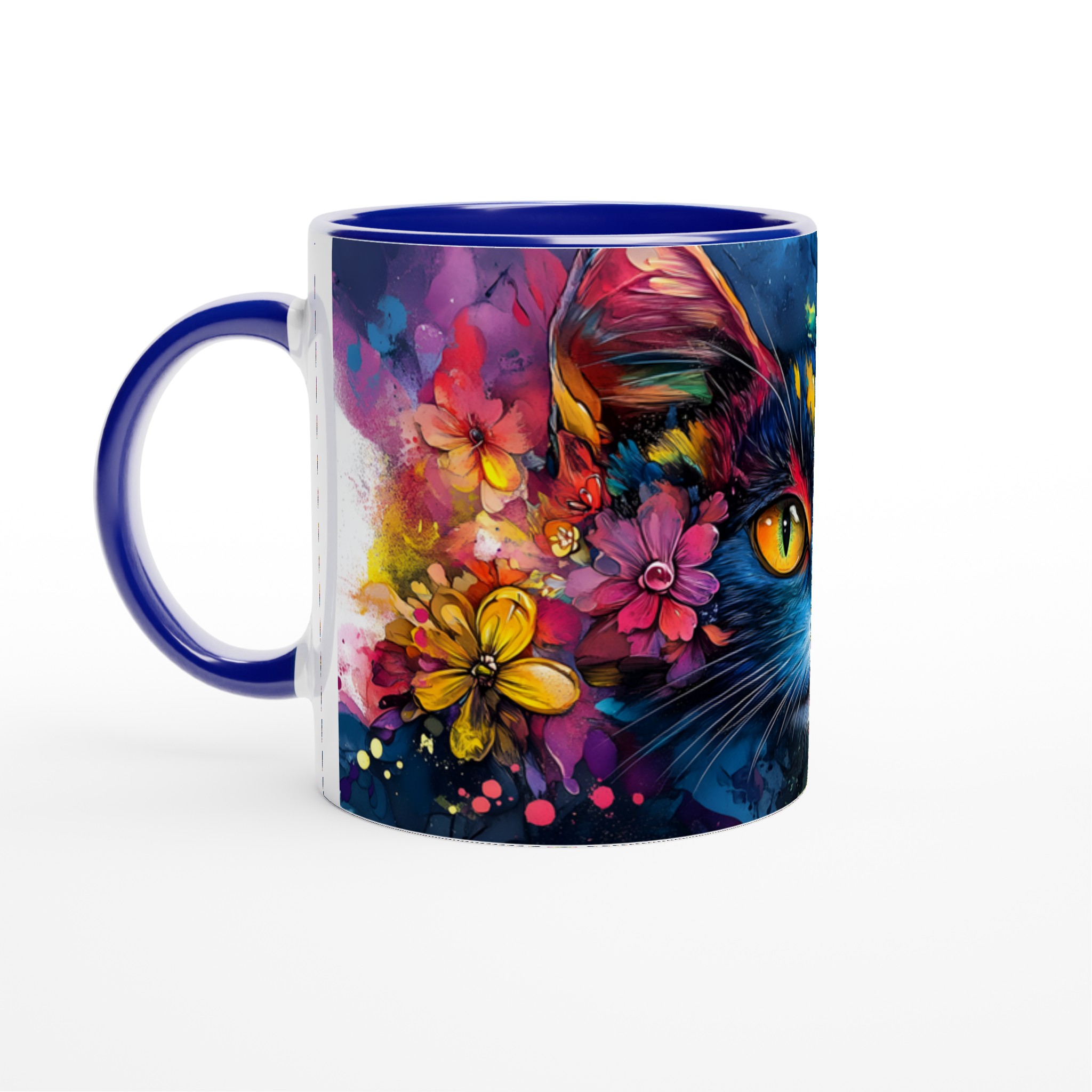 Vit 11oz keramisk mugg med färgstark konstnärlig katt, välj bland sju livfulla keramiska färger 2 072d8bd3-a5cb-4b7b-9be0-a5703eccf038