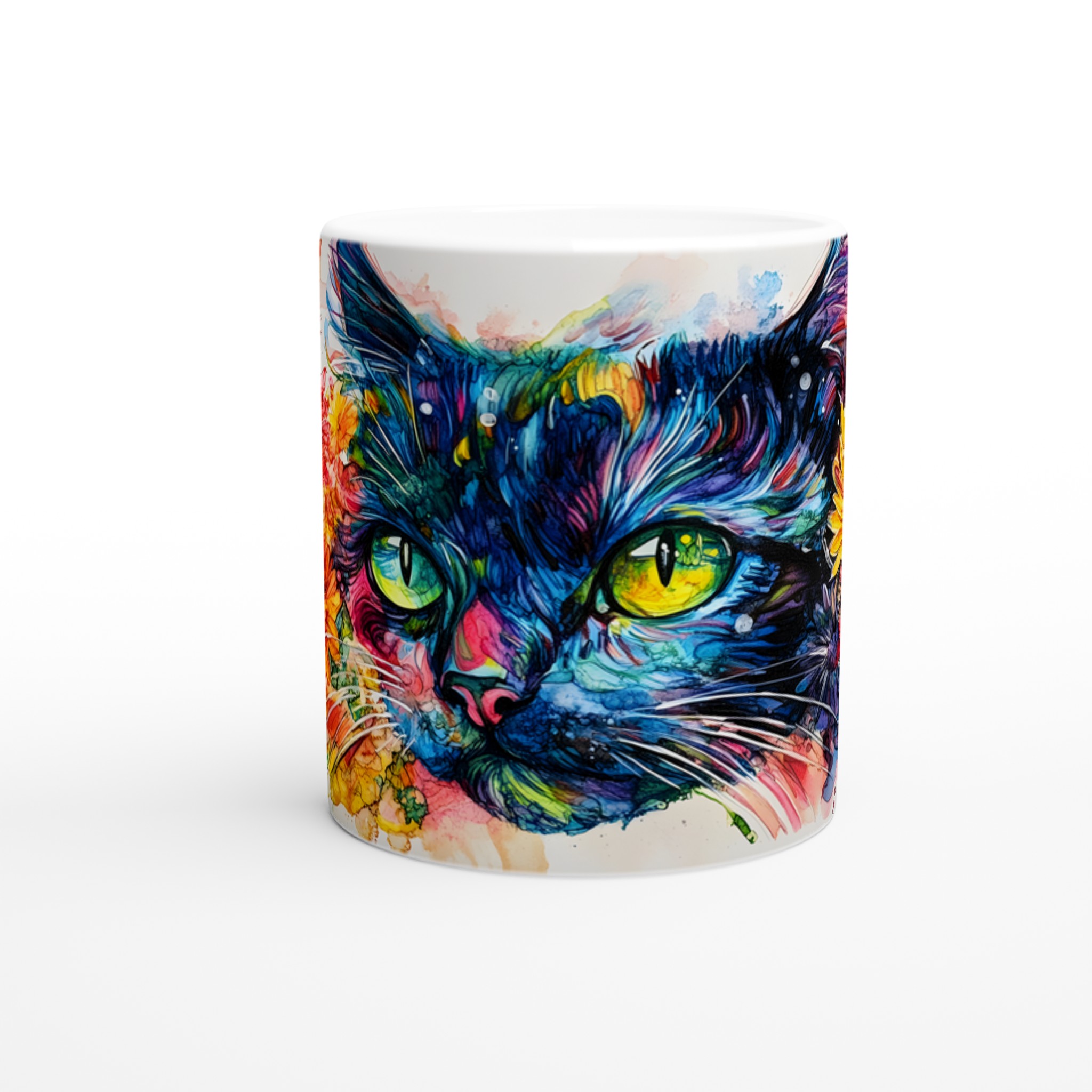 Vit 11oz keramisk mugg med färgstark katt och blomsterdesign i blå, gul och röd 8 0770d5f6-3d2d-440f-850a-2707c1eb9d2b