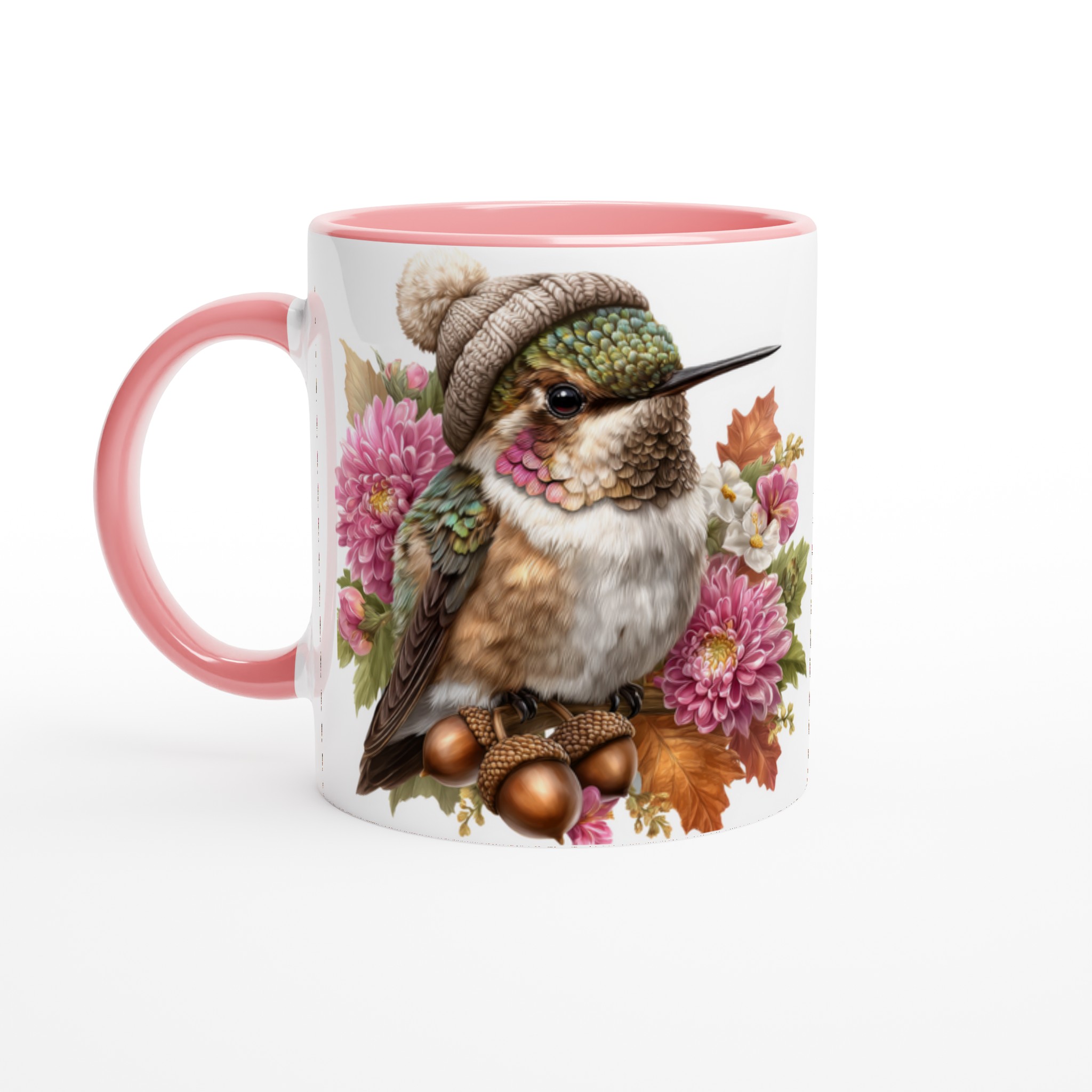 Vit 11oz keramisk mugg med färgstarkt kolibri- och blomsterdesign – välj bland sju livfulla färger 6 088cca28-cdc1-48da-9a39-cb50d229c92d
