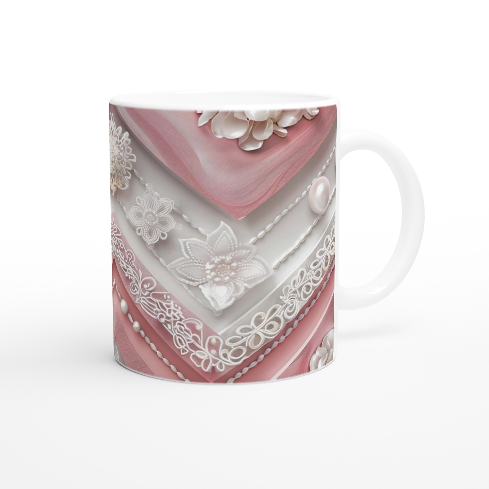 Vit 11oz keramisk mugg med elegant rosa och pärlinspirerat mönster – välj din favoritfärg 9 089a1ffc-5bc2-4f72-be90-8d2a37ab9b85
