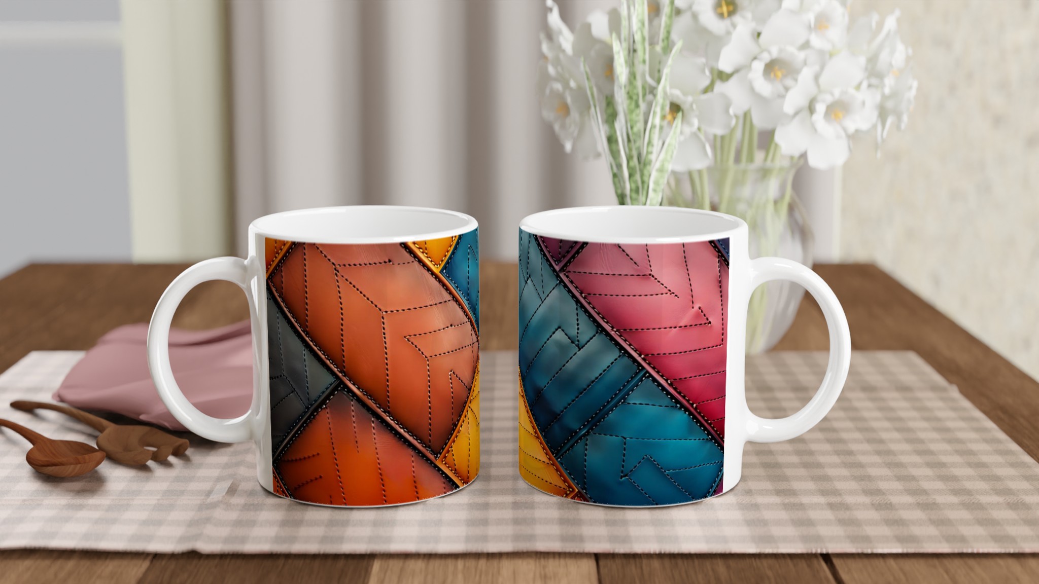 Konstnärlig 11oz Keramisk Mugg – Färgglad Geometrisk Design i Vågad Quiltstil 10 09081ebb-965c-4433-9385-2769316f31ec