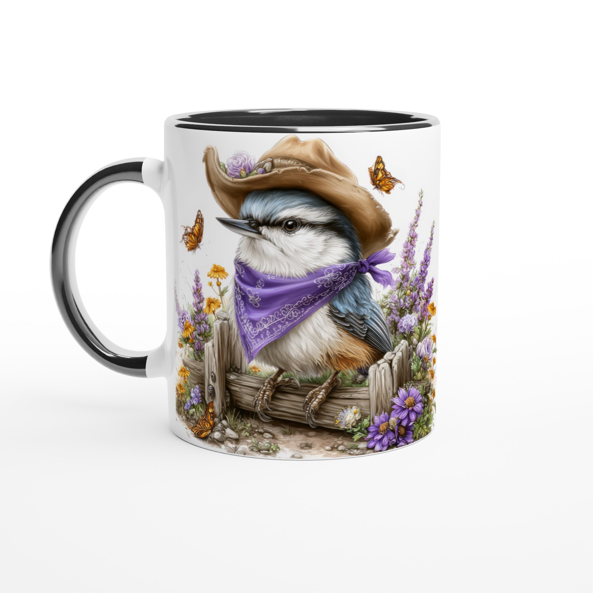 Vit 11oz keramisk mugg med charmig fågel i cowboyhatt – välj bland sju dekorativa färger 4 0acc3a01-dc79-402d-aab4-5f1a15c846de