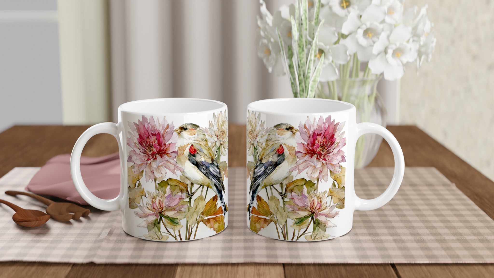 Vit 11oz keramisk mugg med elegant fågel och blomsterkonst i balanserade pastelltoner 10 0af07758-e64a-439c-bda9-06002d21ae6f