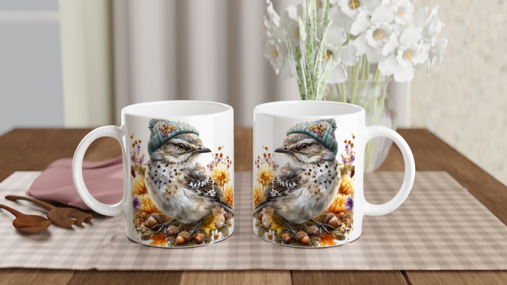 Vit 11oz keramisk mugg med charmigt fågelmotiv i mjuka höstfärger – välj din favoritfärg 10 0b34e5fc-2d10-42d7-bcec-f8382d0758d2