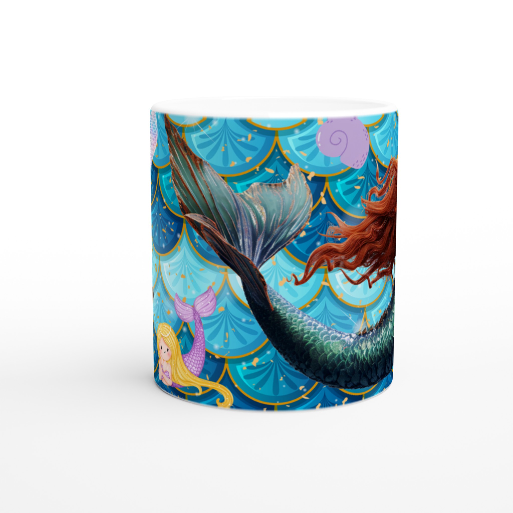 Vit 11oz keramisk mugg med magiska sjöjungfruillustrationer i flera livfulla färger 8 0b606bc0-41c3-4eb1-bd46-8c0554e6a987