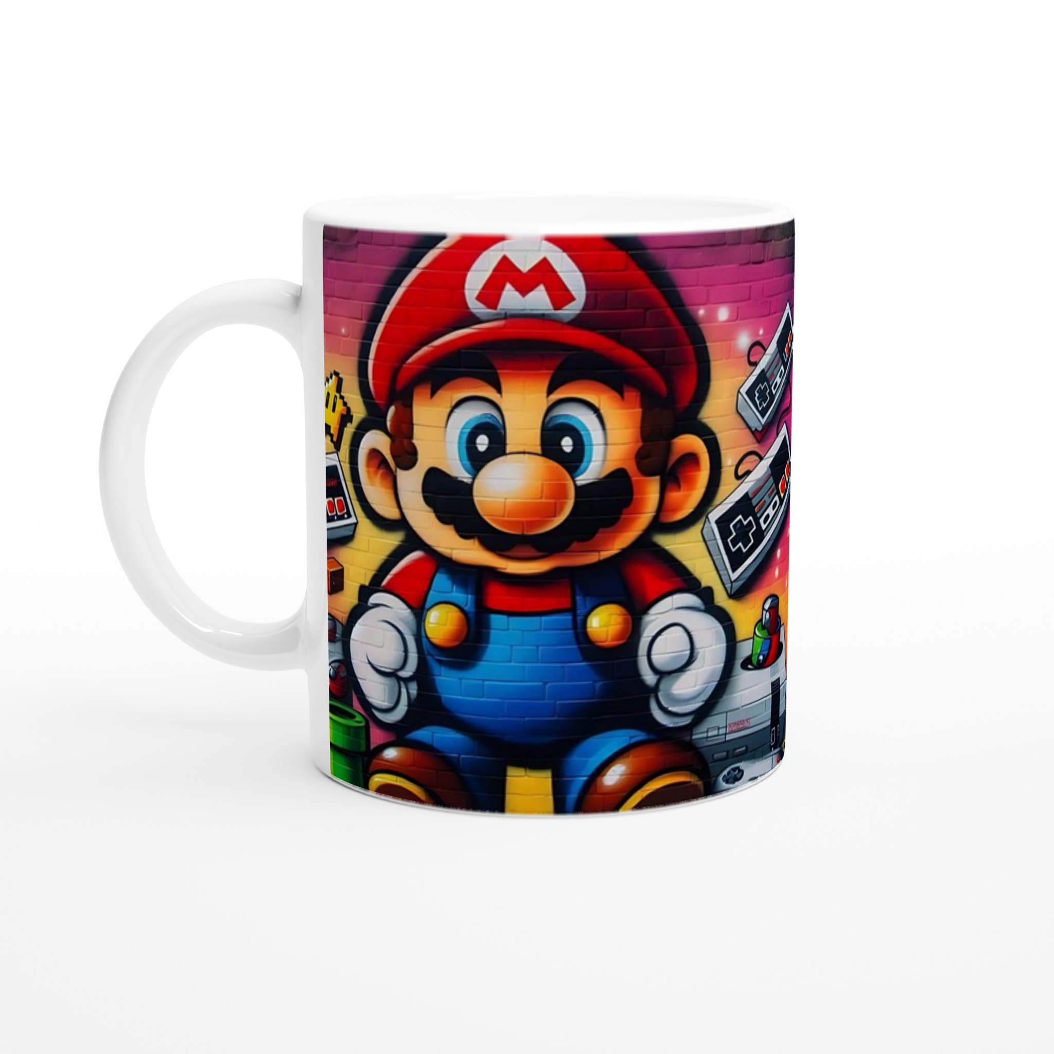 Vit 11oz keramisk mugg med retro gaming-motiv i livfulla färger – välj din favoritfärg 1 0b90284b-e1f6-4029-a6b9-f7ea50a24344