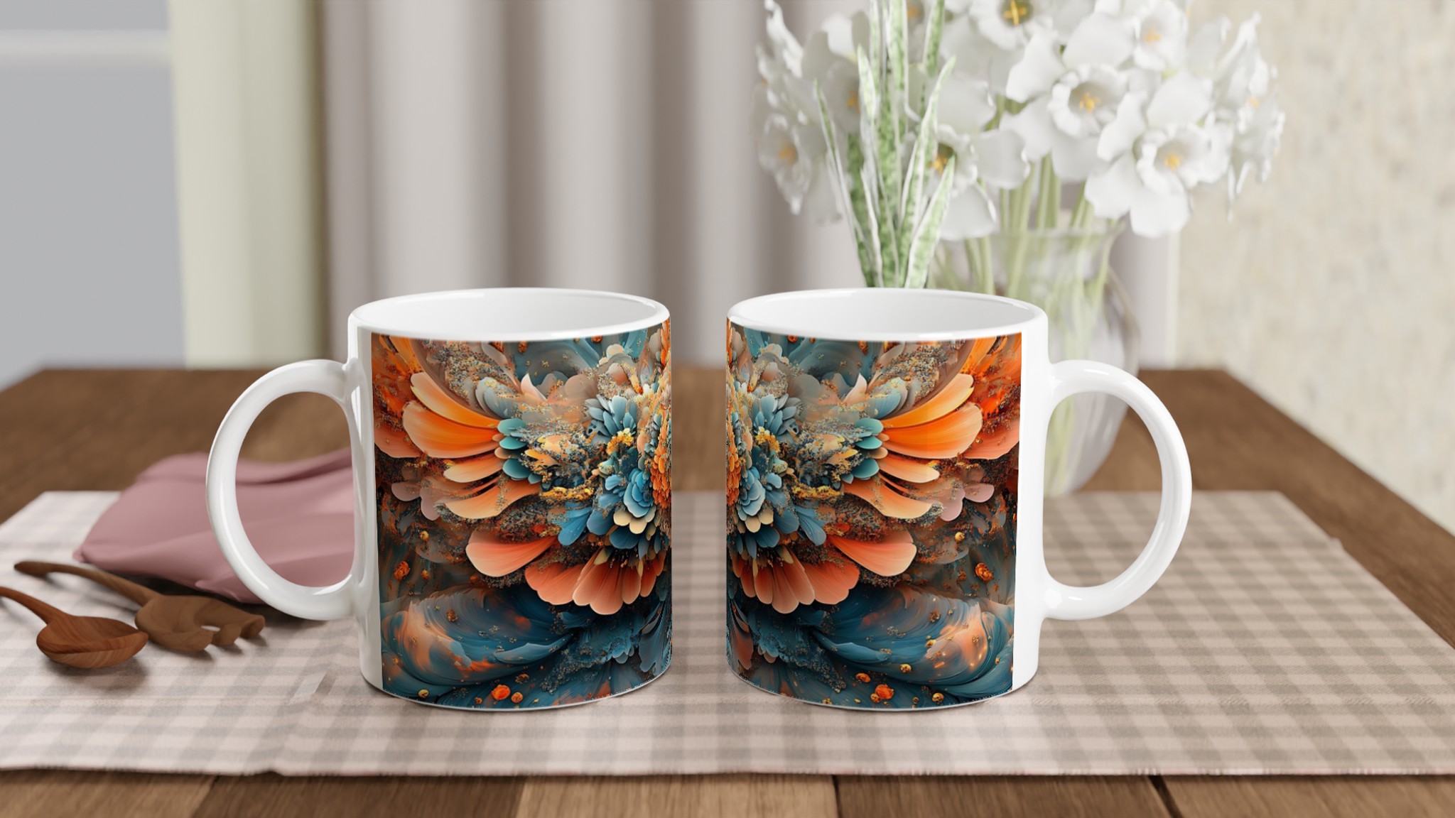 Abstrakt Mandala Konst Mugg – 11oz Keramisk Kaffekopp med Levande Apelsin och Teal Design 10 0c1f0d51-5ed7-4923-9289-50c997e882a8