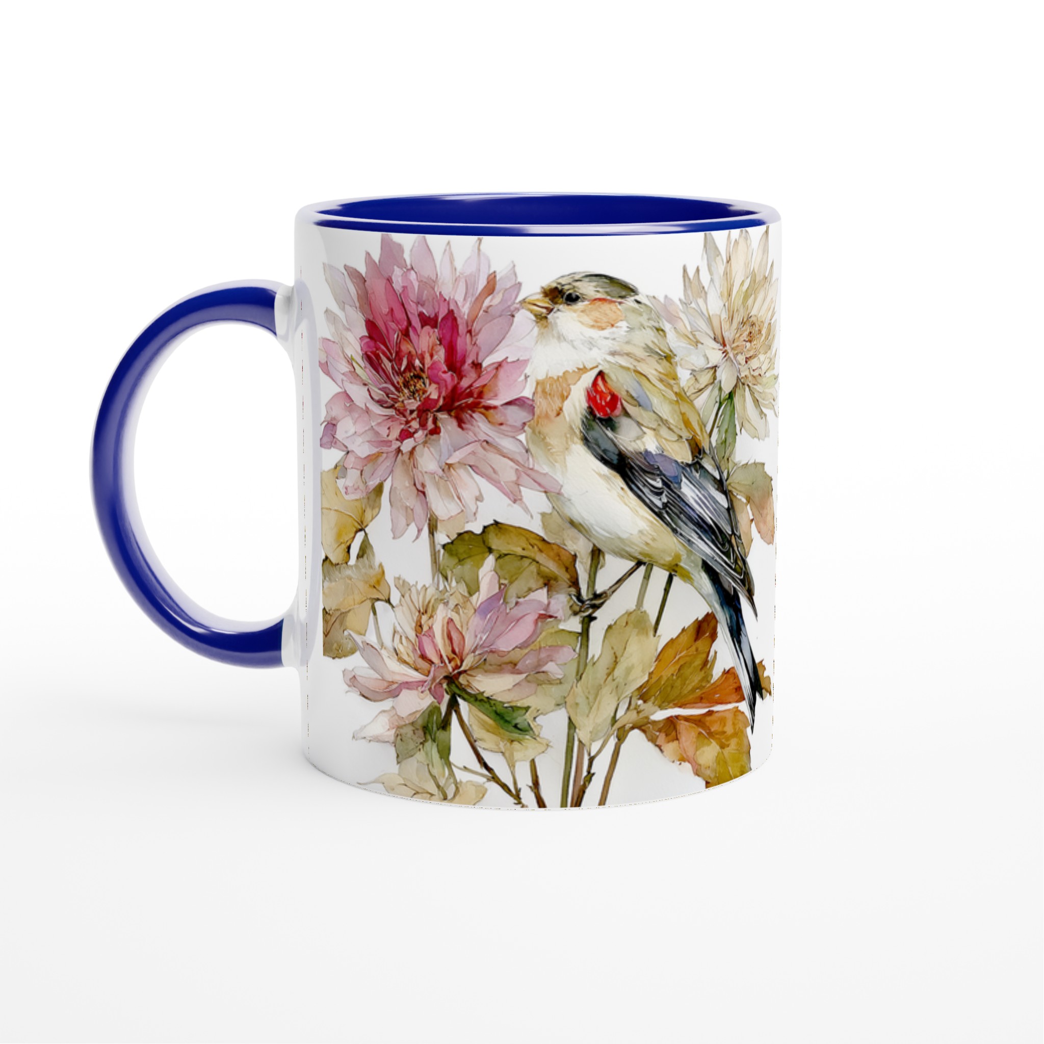 Vit 11oz keramisk mugg med elegant fågel och blomsterkonst i balanserade pastelltoner 2 0c4e227f-911d-4a4d-9aba-da3ef10bfa72