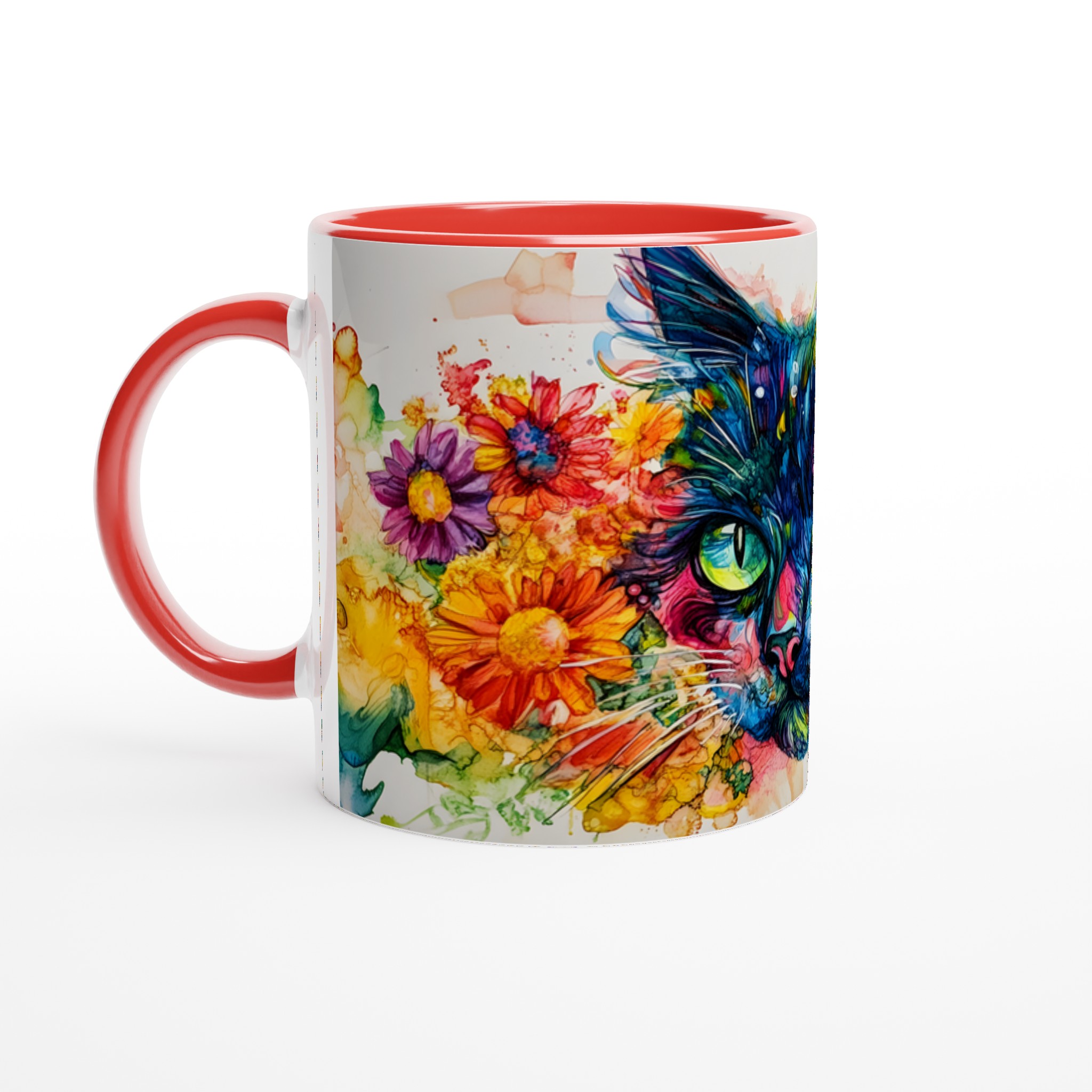 Vit 11oz keramisk mugg med färgstark katt och blomsterdesign i blå, gul och röd 5 0c8eb7f5-1f48-45f2-a10f-a769a24fba26