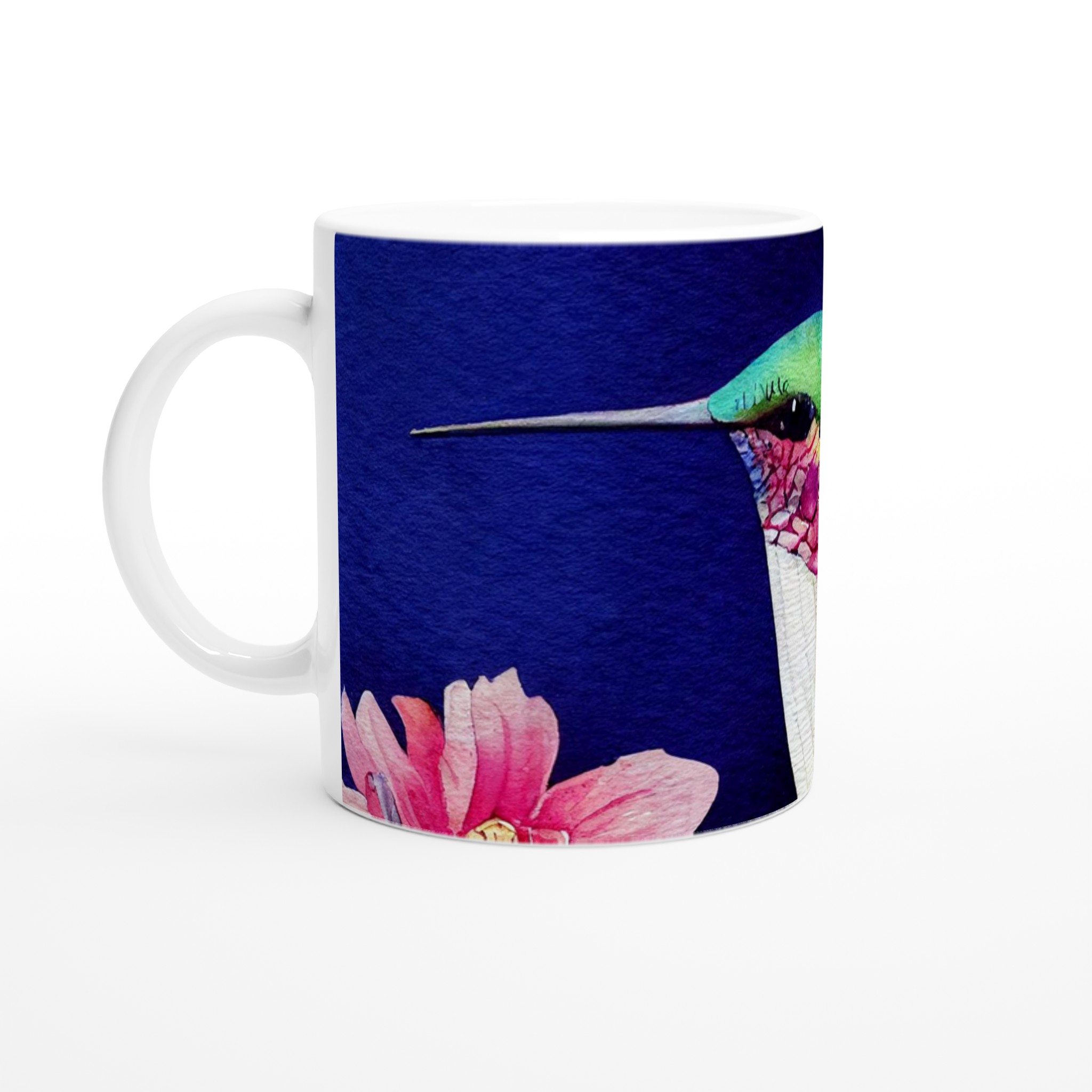 Vit 11oz keramisk mugg med färgstarkt kolibri- och blomtryck i ditt val av sju unika keramfärger 1 0cb2a42a-34b5-4c1a-aec3-6e1fbae98f96