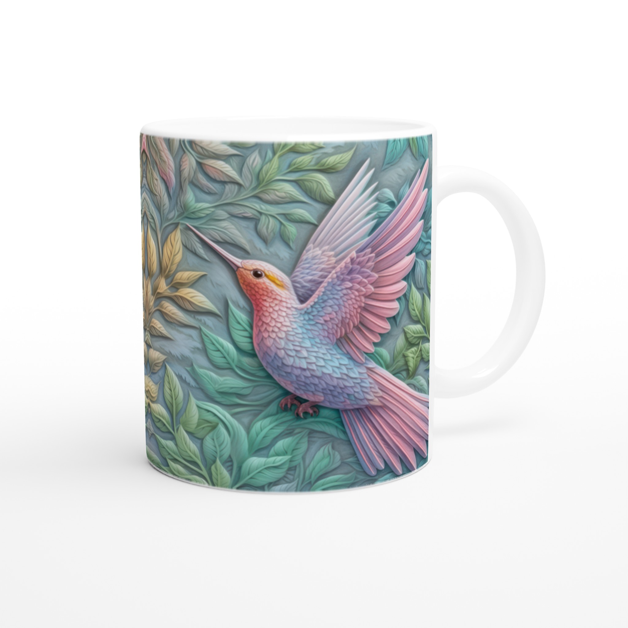 Vit 11oz keramisk mugg med drömskt kolibri- och lövmotiv i mjuka pasteller 9 0d76d259-c39d-4471-a5f9-52114fea9421