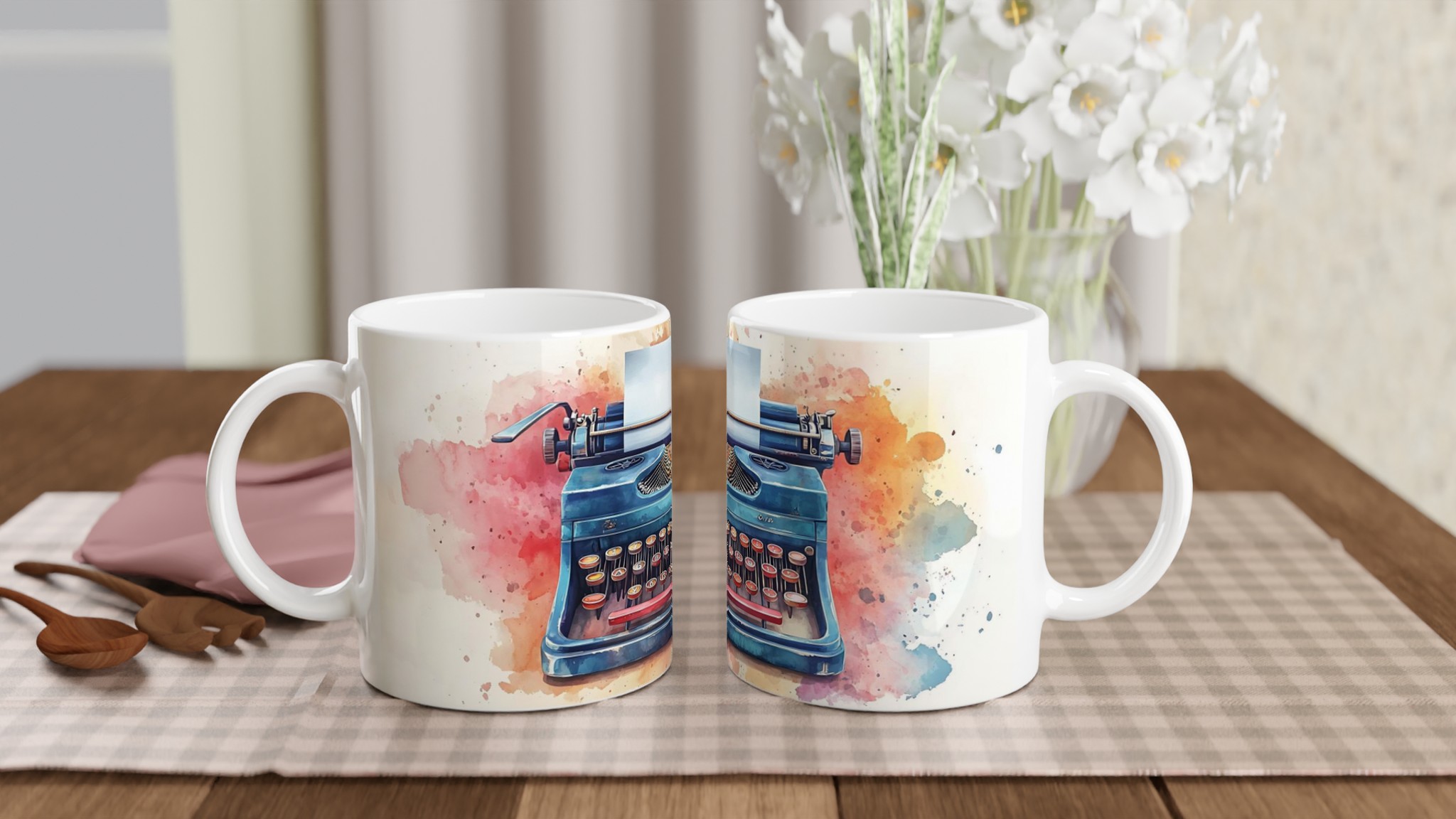 Retro Skrivmaskin Mugg – Konstnärlig Akvarelldesign i Flera Färger 10 0dccfbd9-2086-472c-9521-735a8d3916ba