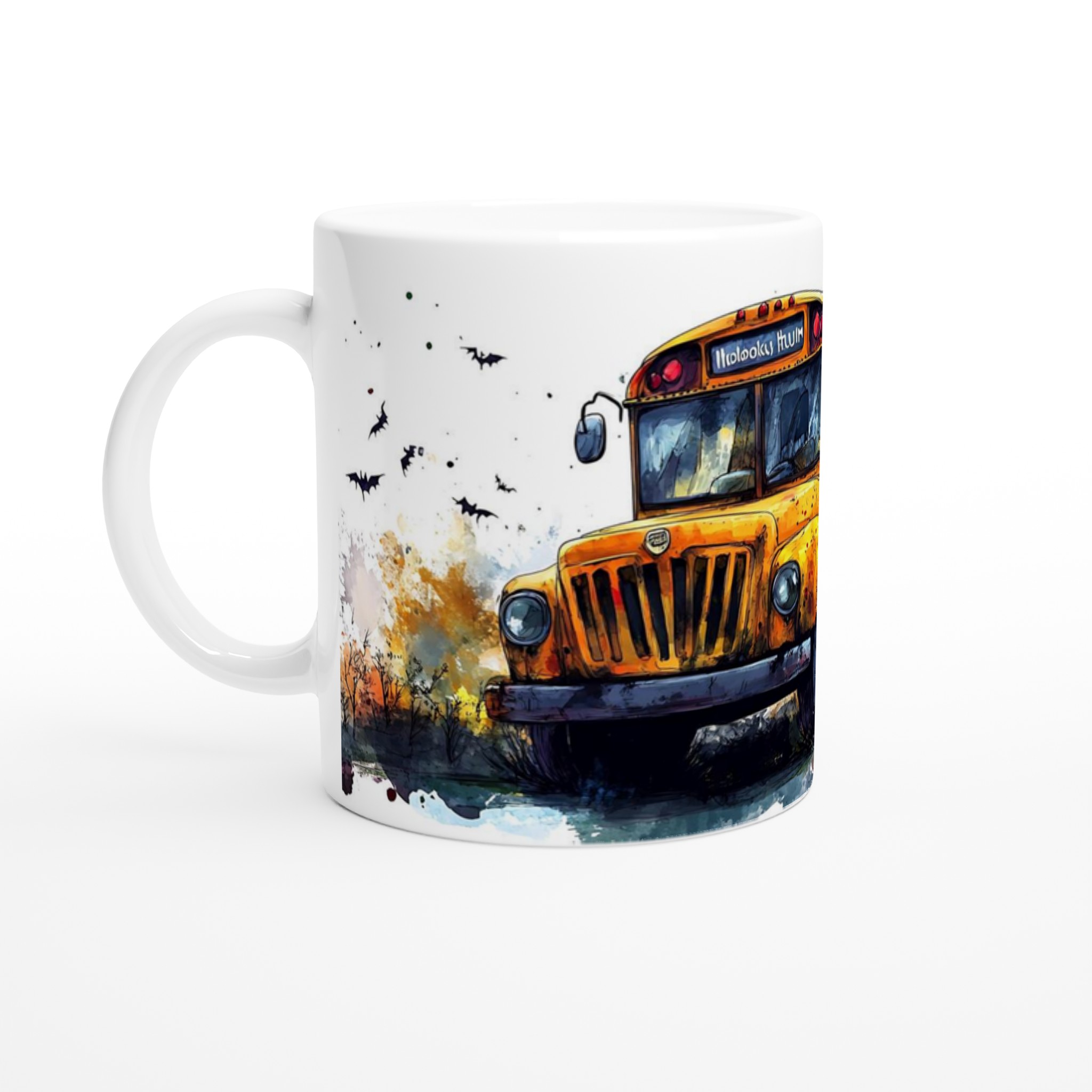 Mystisk Skolbuss Halloween Mugg – Skelett på Spökfärd i Akvarellstil, 11oz Keramikmugg 1 0f303b85-77f1-437d-b754-b4b2727f4c2c
