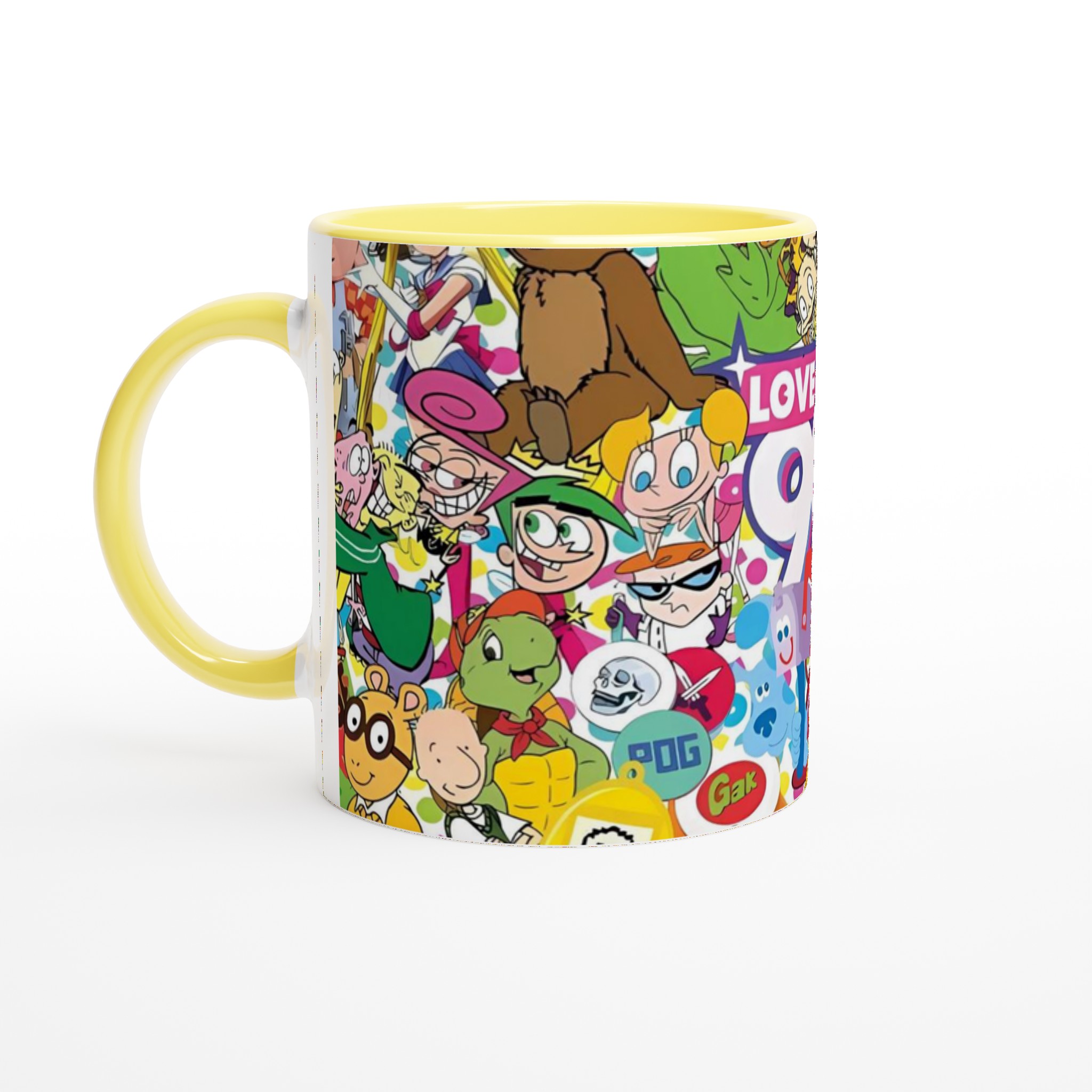 Vit 11oz keramisk mugg med livfulla 90-talsnostalgiska karaktärer i ditt val av färger 3 0f5ab80e-cc73-494e-a7c8-cf4643730491