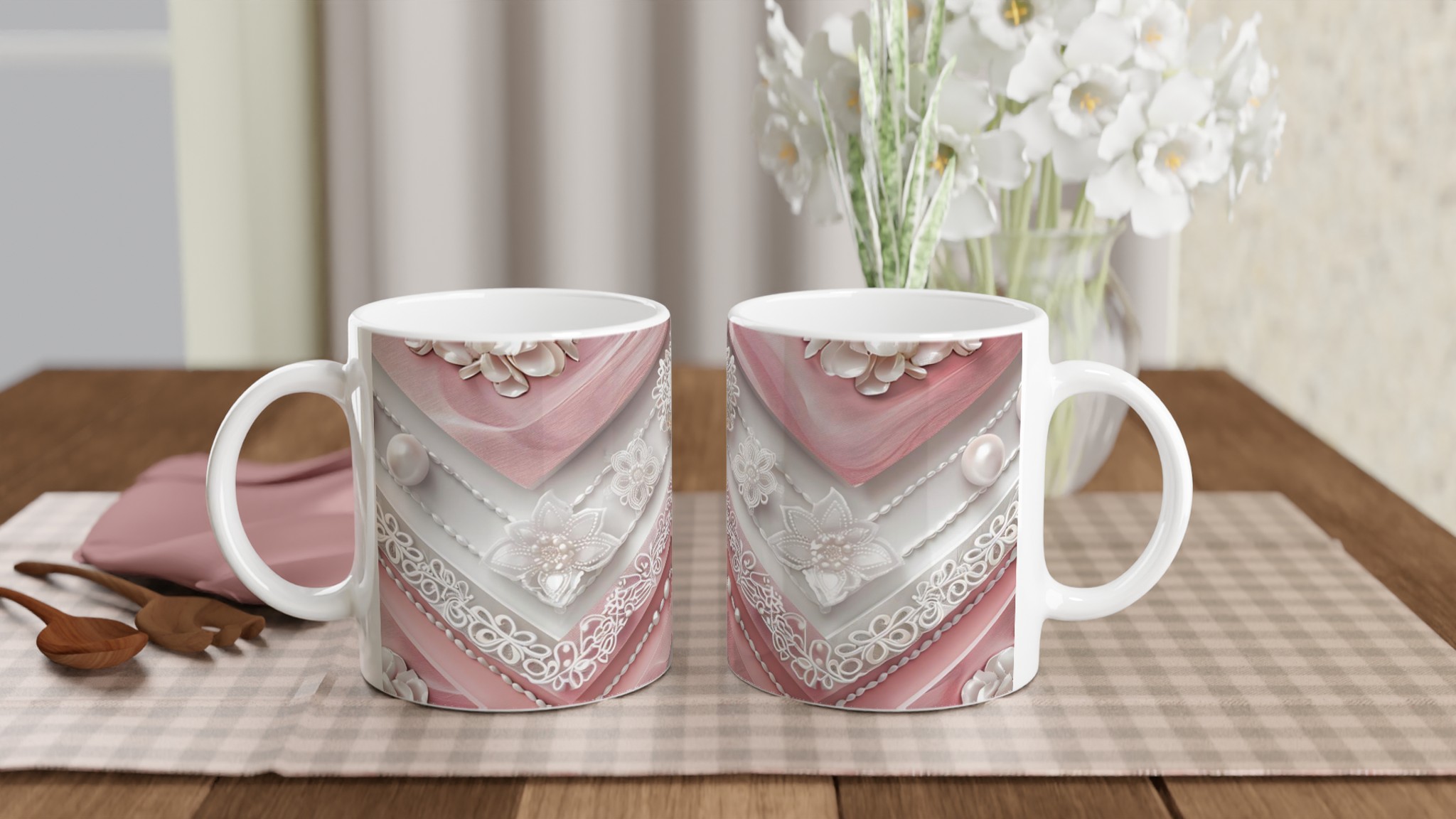 Vit 11oz keramisk mugg med elegant rosa och pärlinspirerat mönster – välj din favoritfärg 10 0f7c695b-7bd0-48d1-90b2-b17807a1fe0e