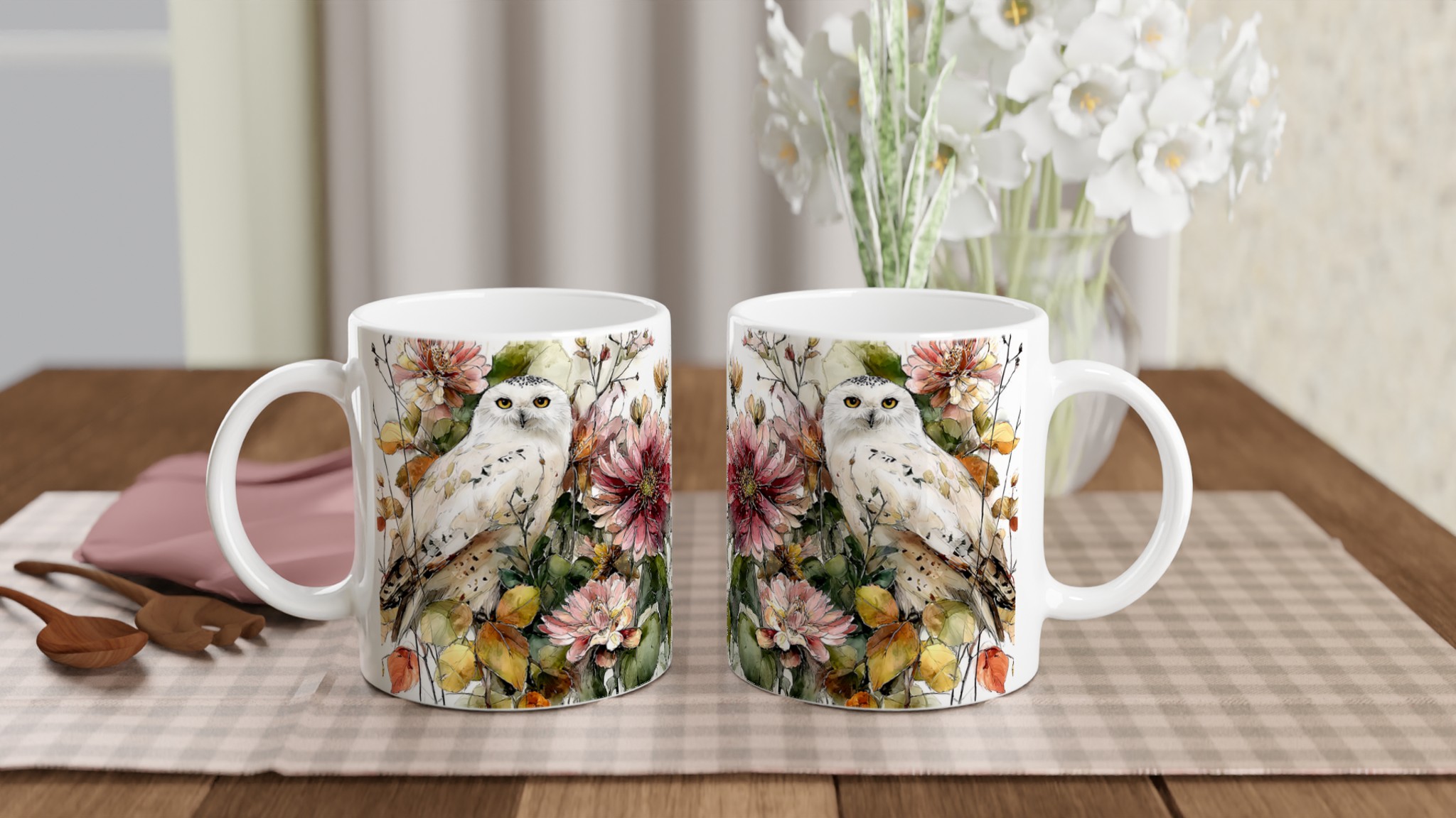 Vit 11oz keramisk mugg med elegant uggla och blommönster – välj din favorit bland sju färger 10 0f7d5ffa-691c-4a38-9fe4-8aae43ce6146