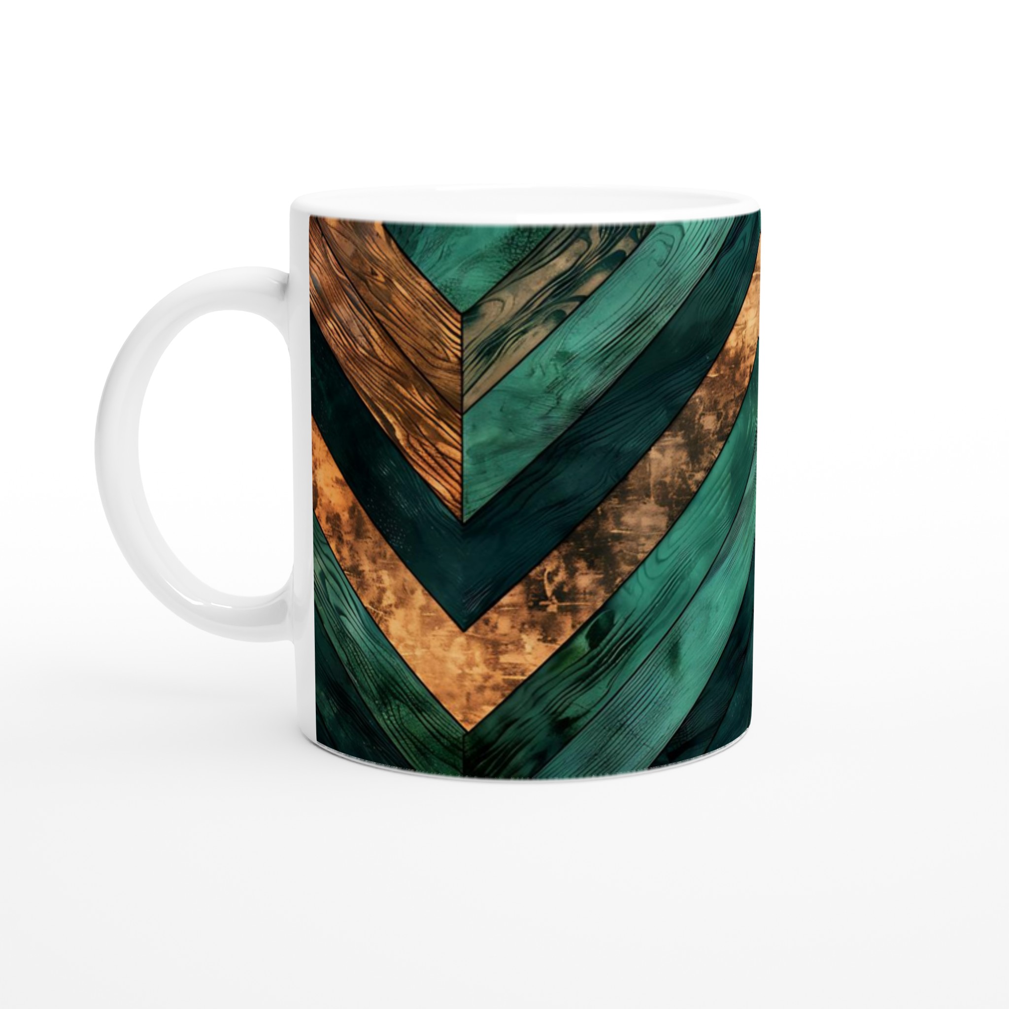 Vit 11oz keramisk mugg med geometriskt mönster i djupt grönt och koppartoner 1 100cfe75-2e17-4848-9c58-a2152ed030b3